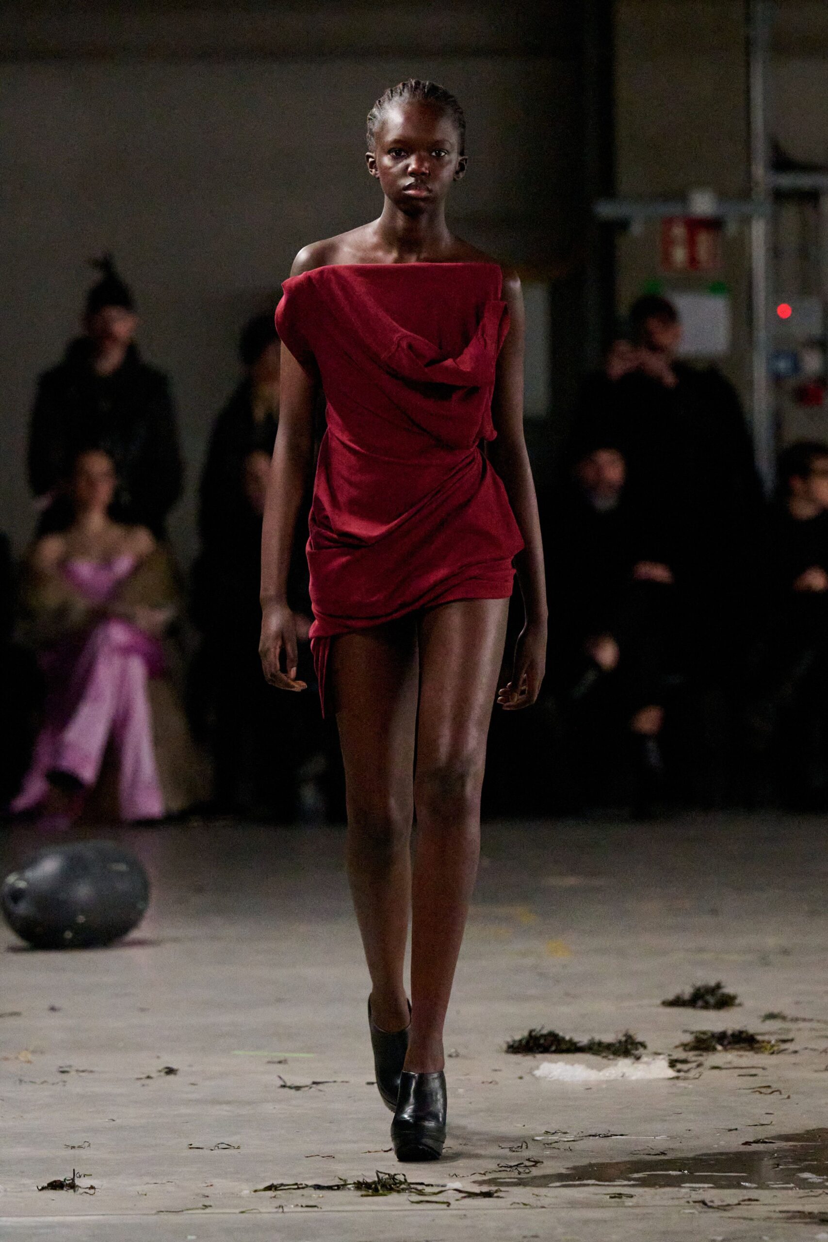 red silk off-shoulder fitted draped mini dress