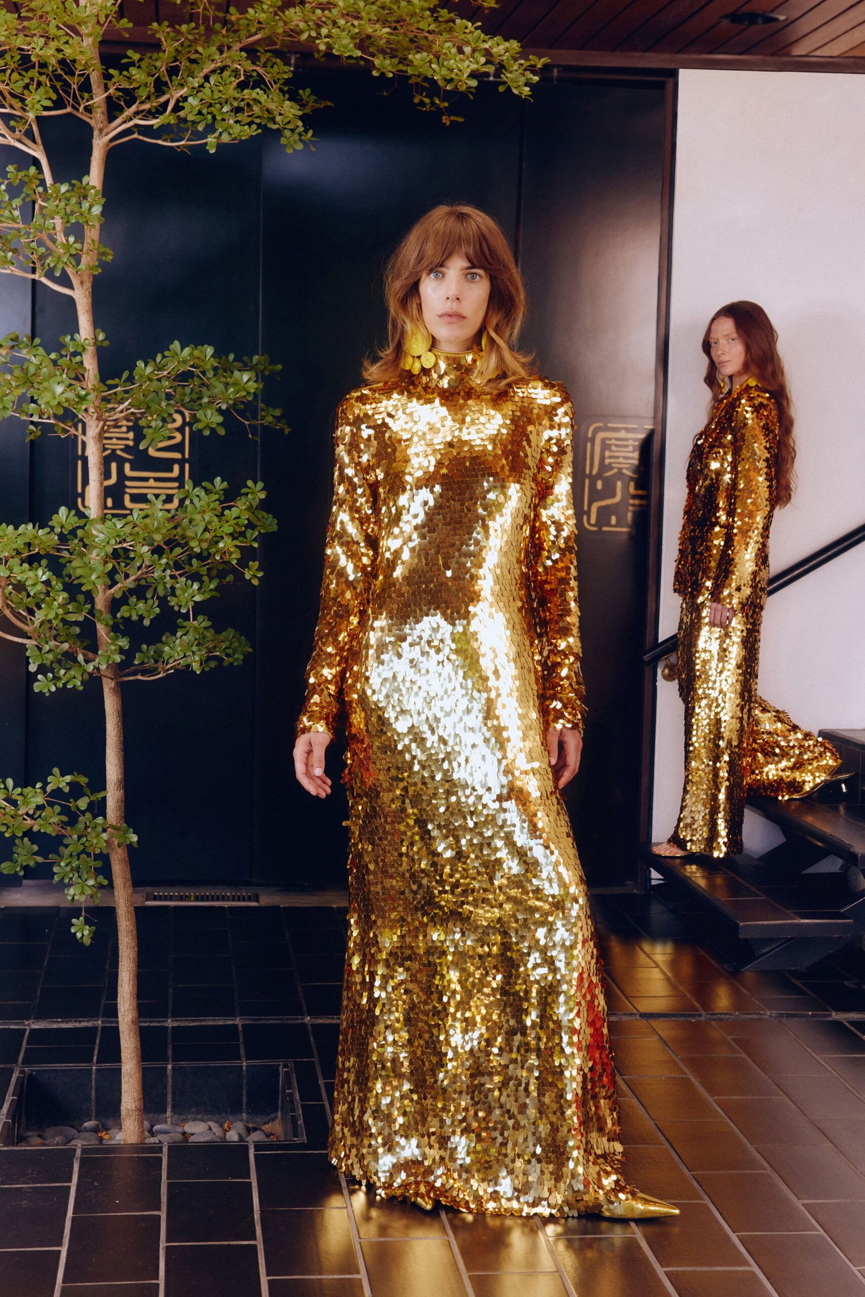 gold sequin long-sleeve gown
