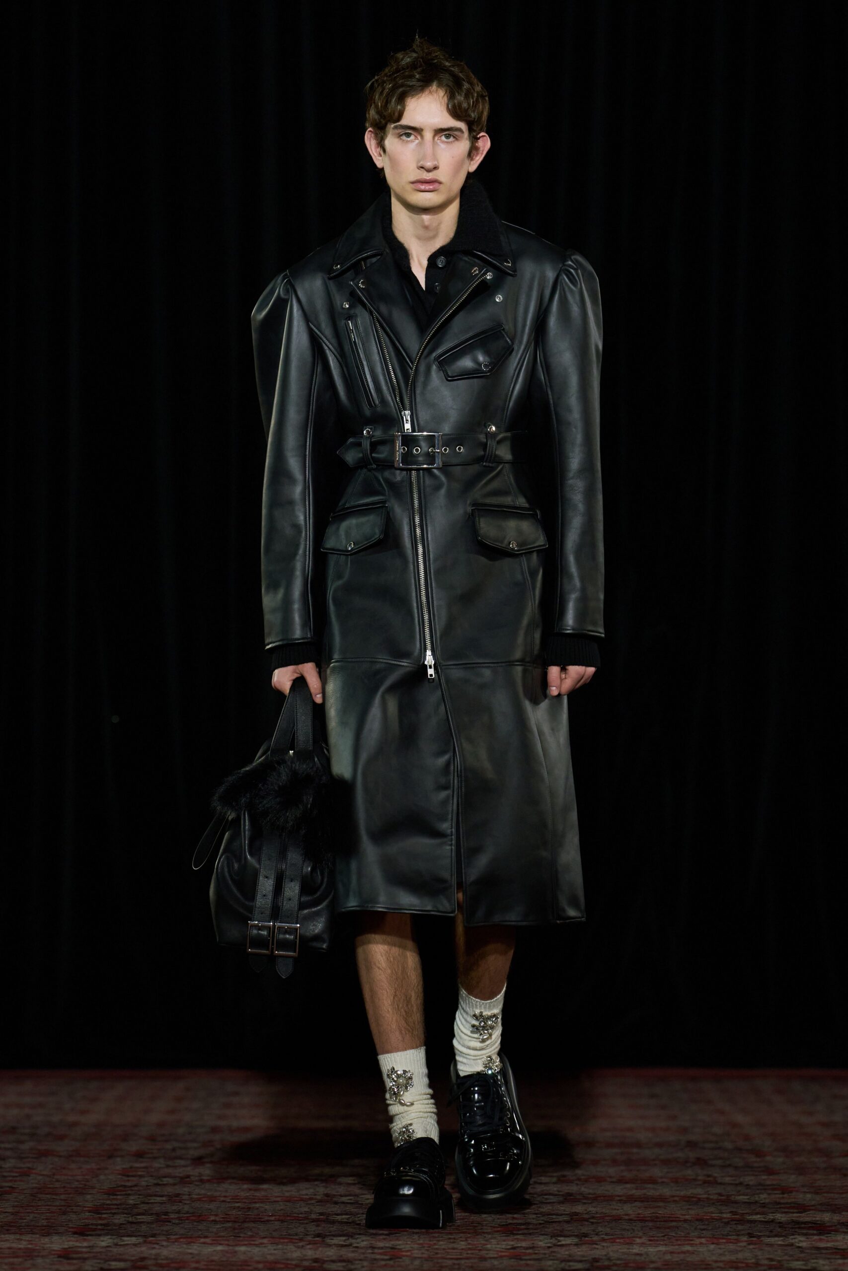 black leather long-sleeve collared fitted belted midi coat