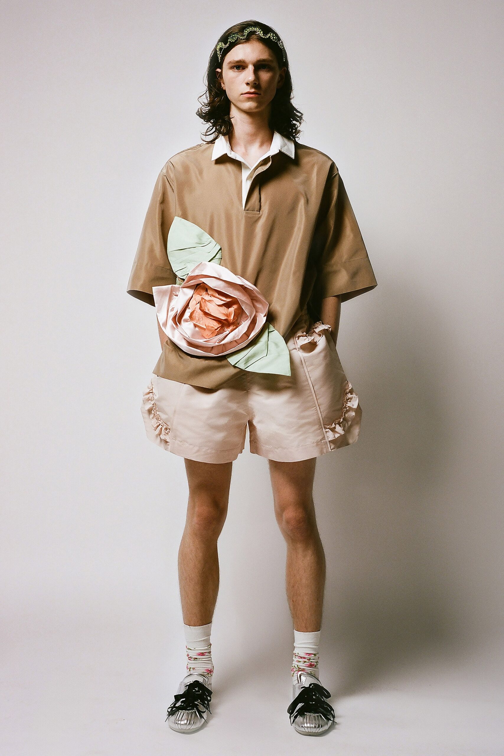 beige cotton short-sleeve collared relaxed layered shirt