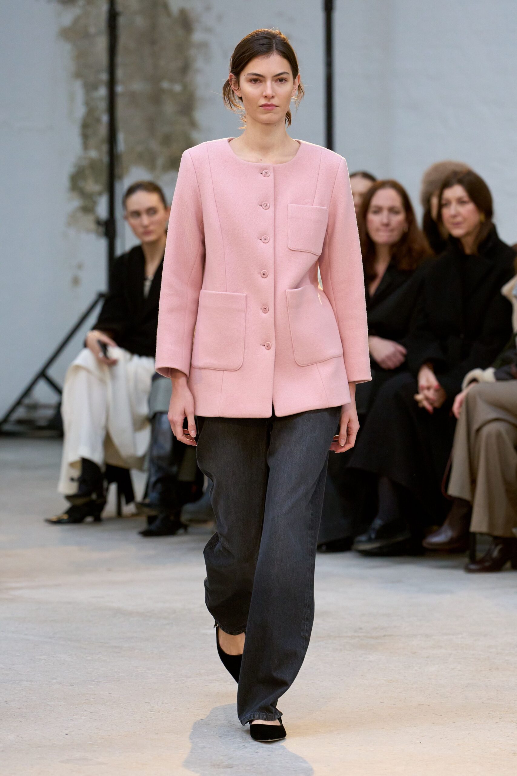 pink jacket gray pants