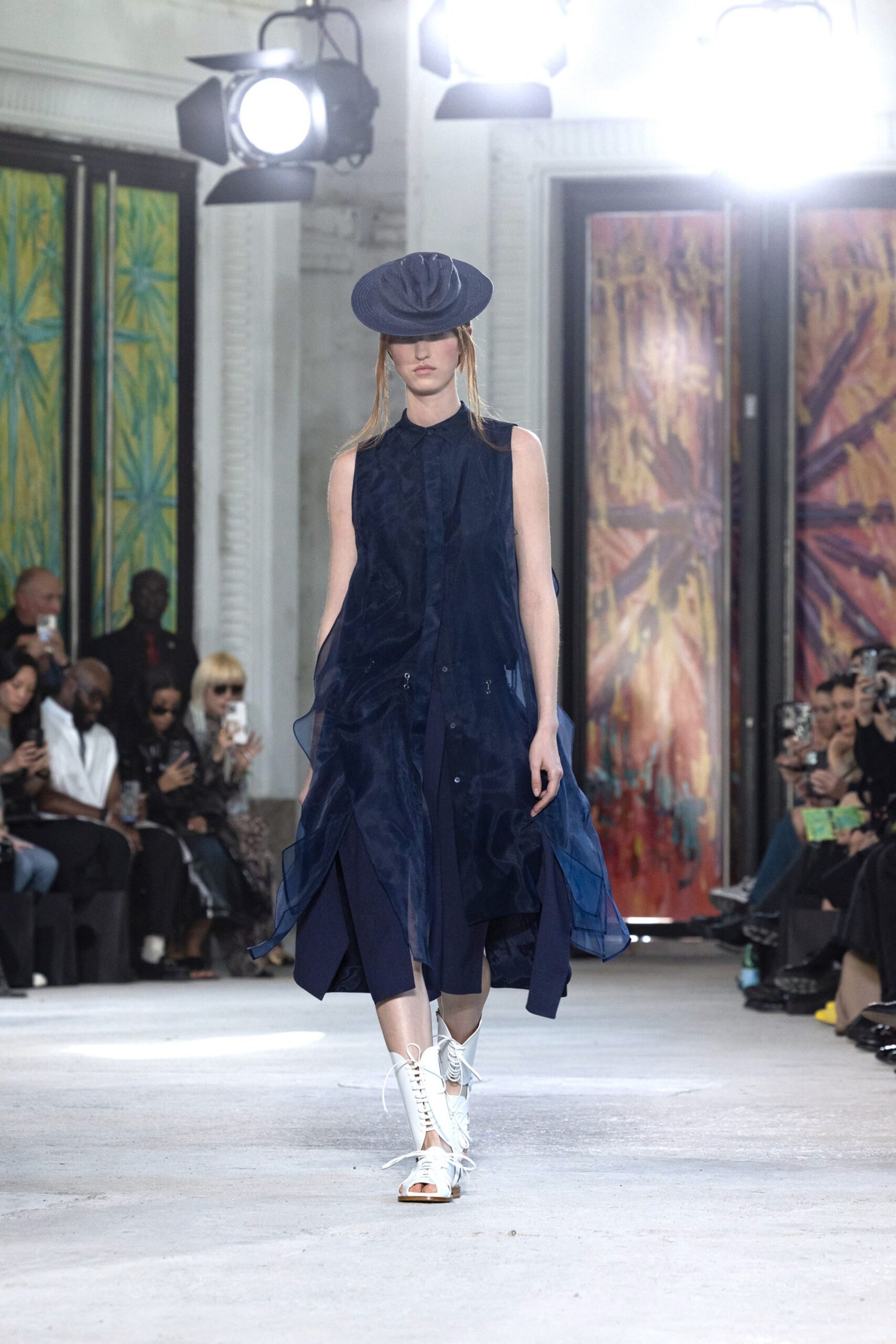 blue silk sleeveless collared fitted layered flowing dress