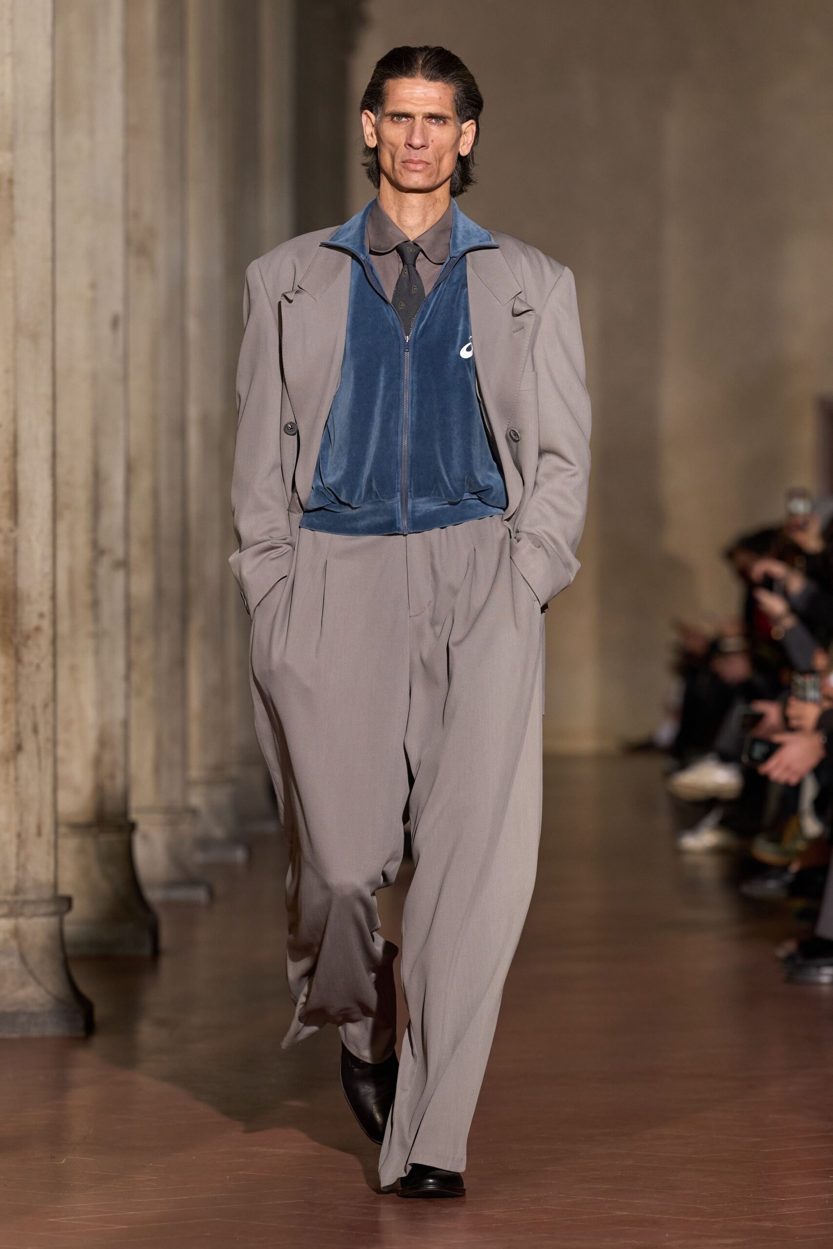 gray suit with blue top