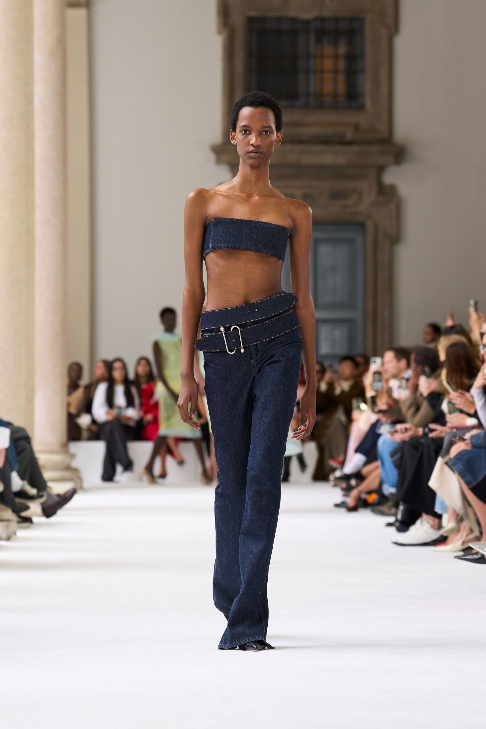 blue denim strapless fitted top