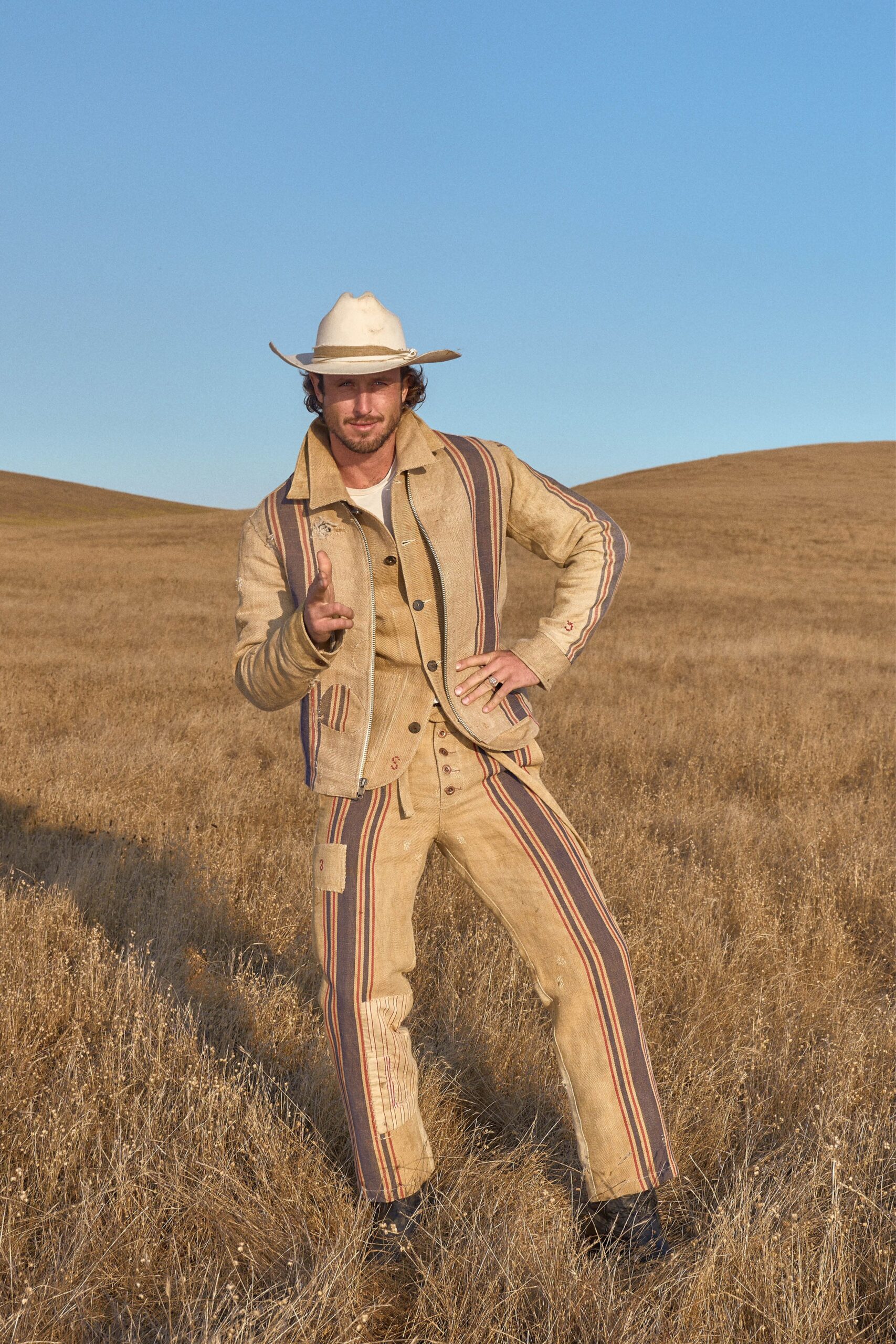 beige jacket and pants with hat