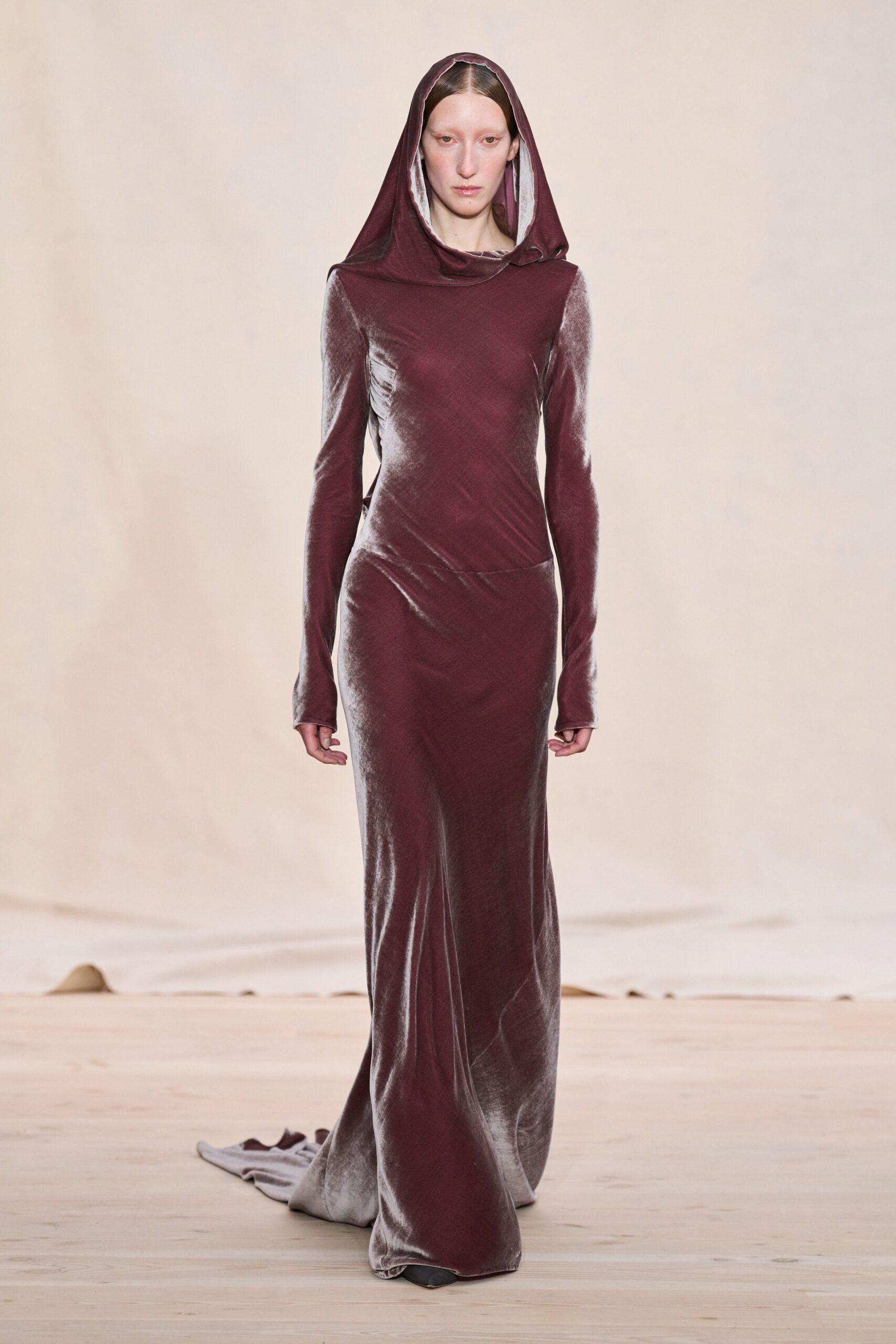 fitted maroon velvet hooded gown