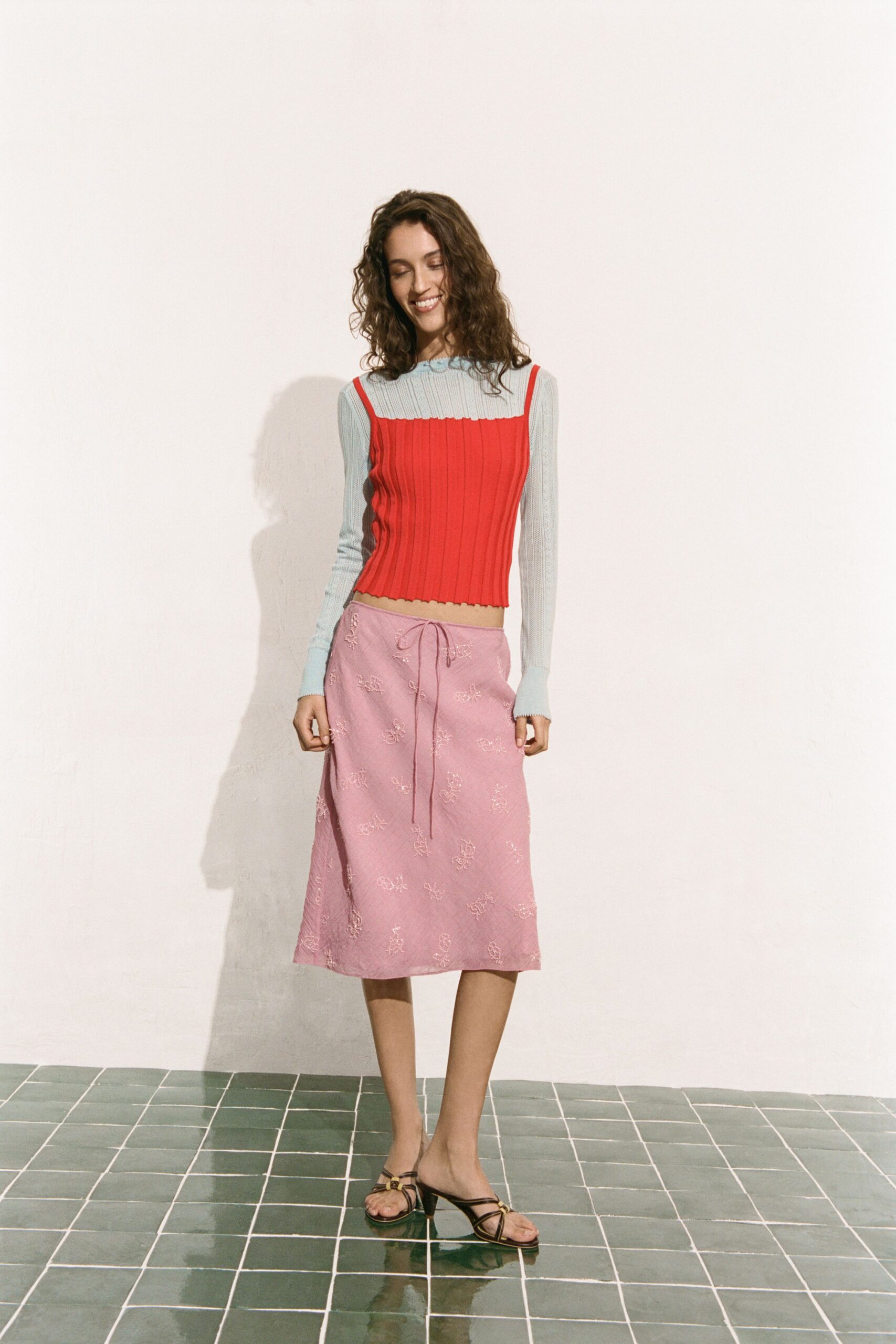 red cotton sleeveless v-neck fitted ribbed top