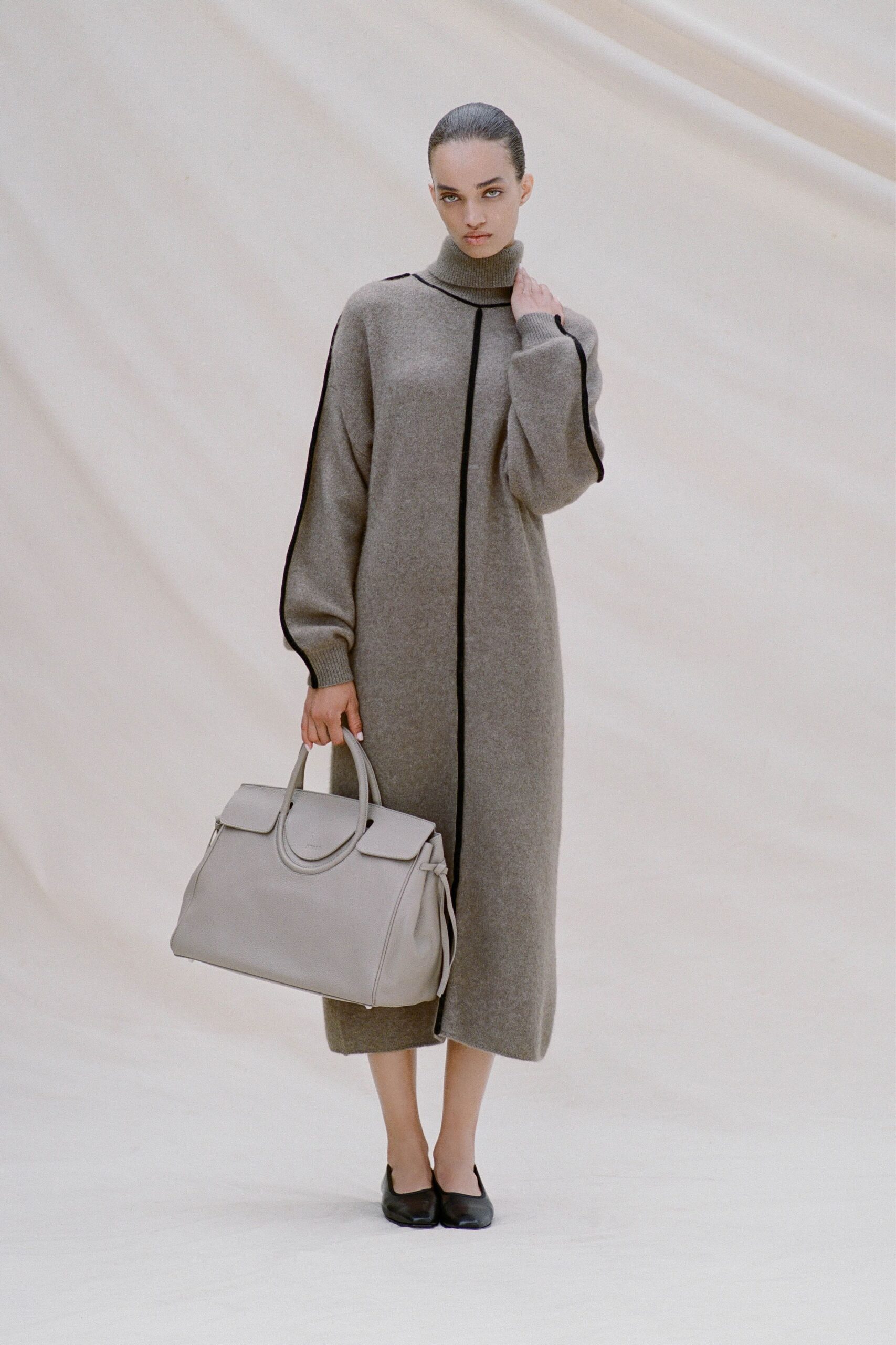 gray wool long-sleeve high-neck relaxed straight-leg midi dress