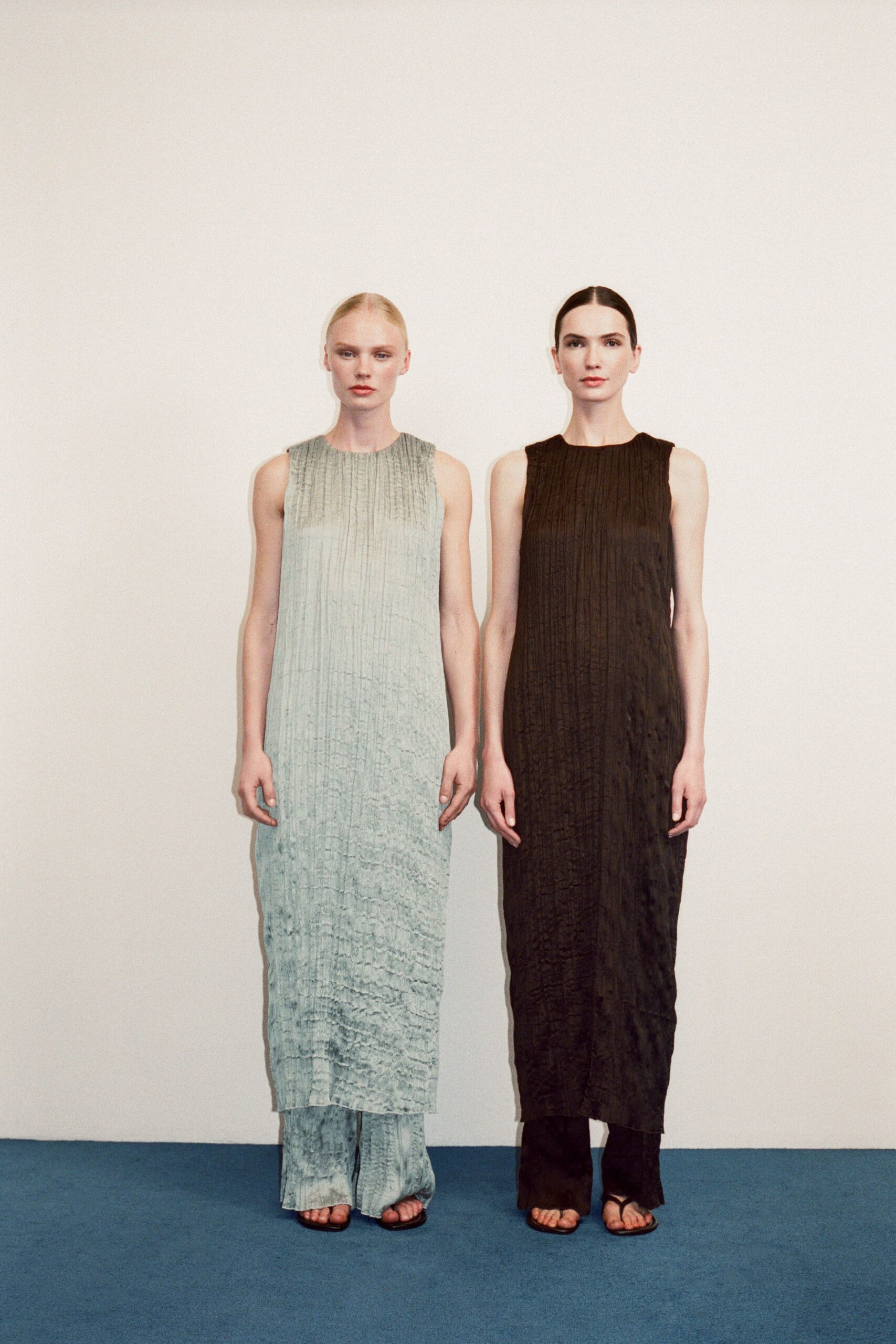 blue and black pleated maxi dresses