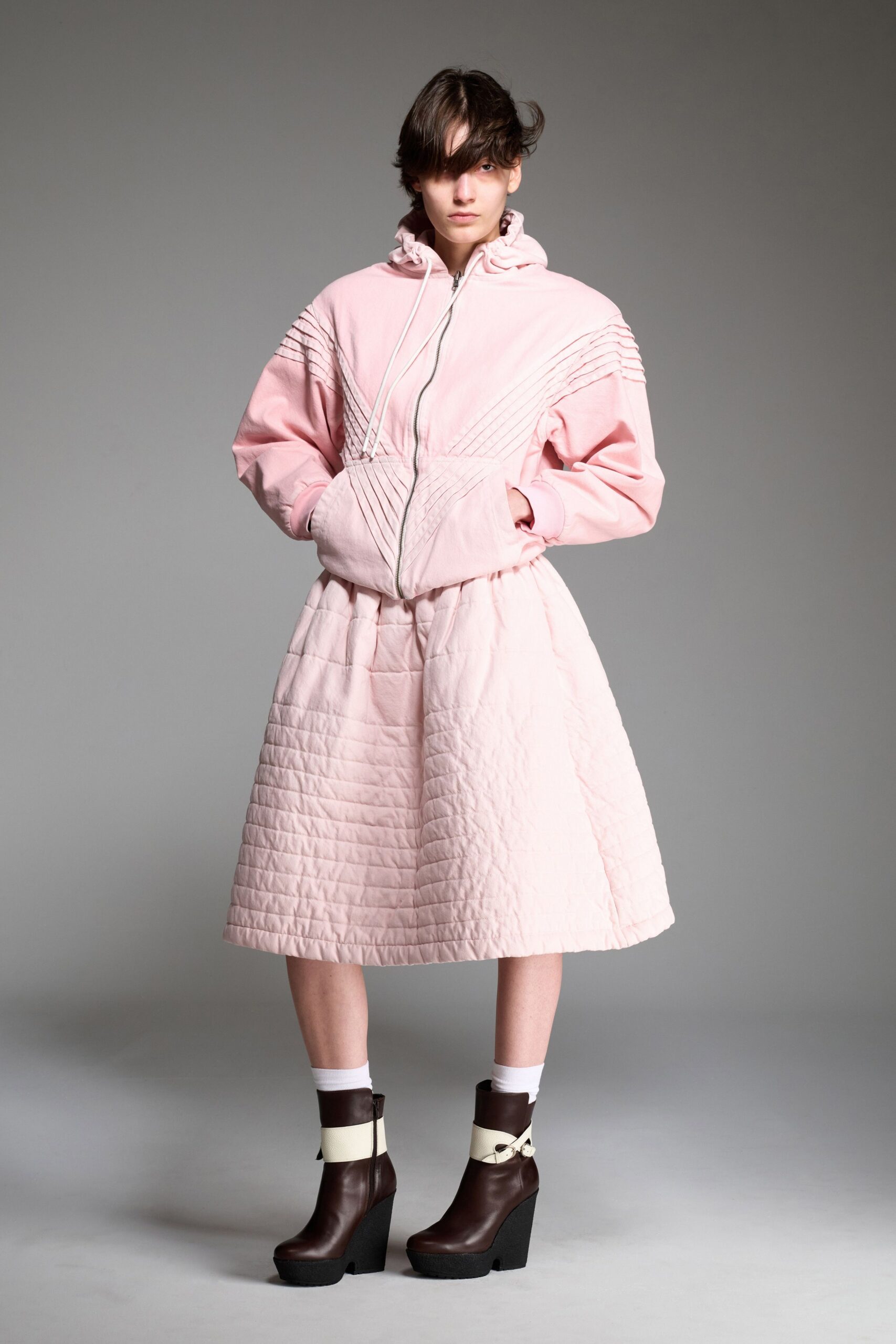 pink cotton long-sleeve hooded relaxed pleated jacket