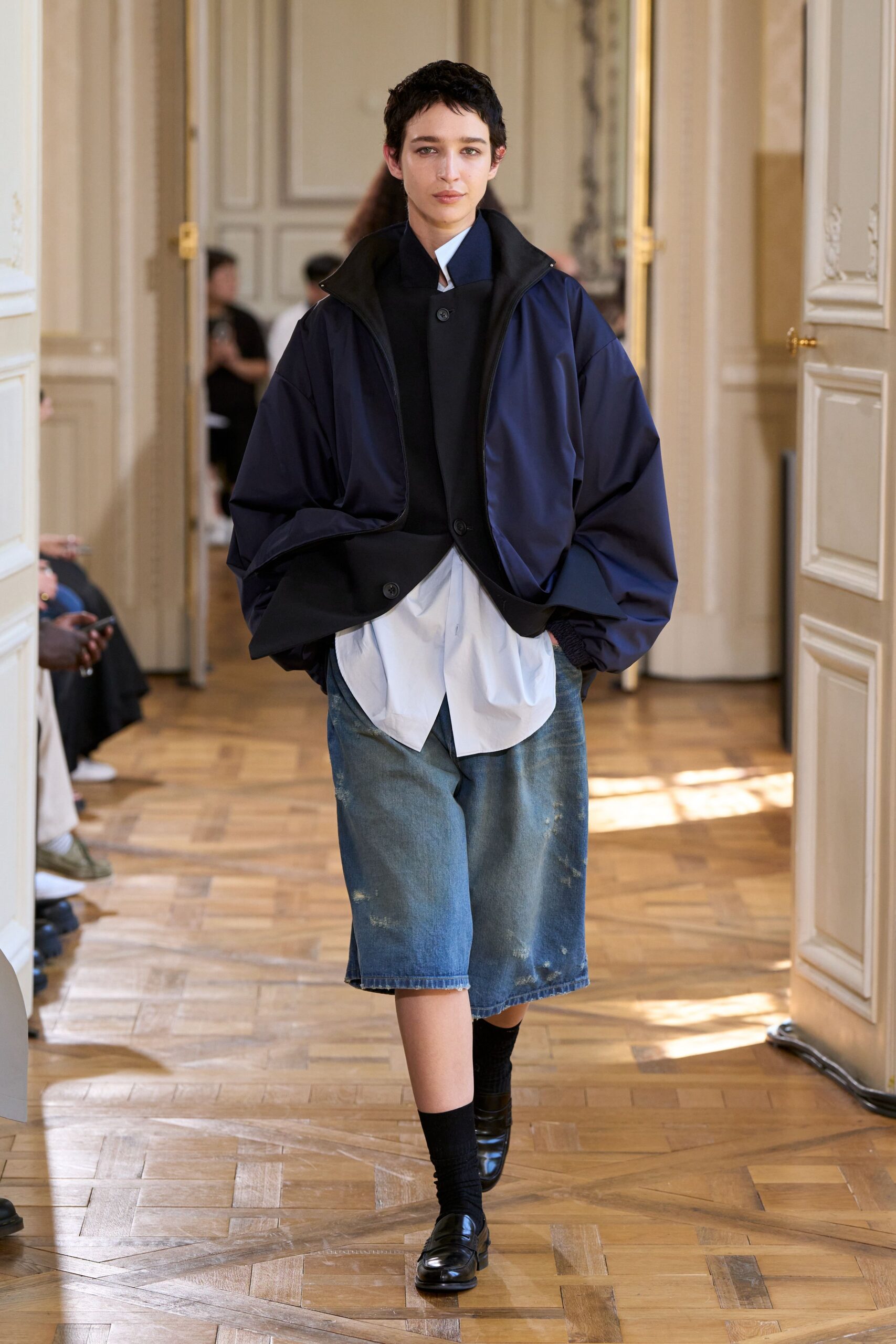navy oversized jacket with white shirt