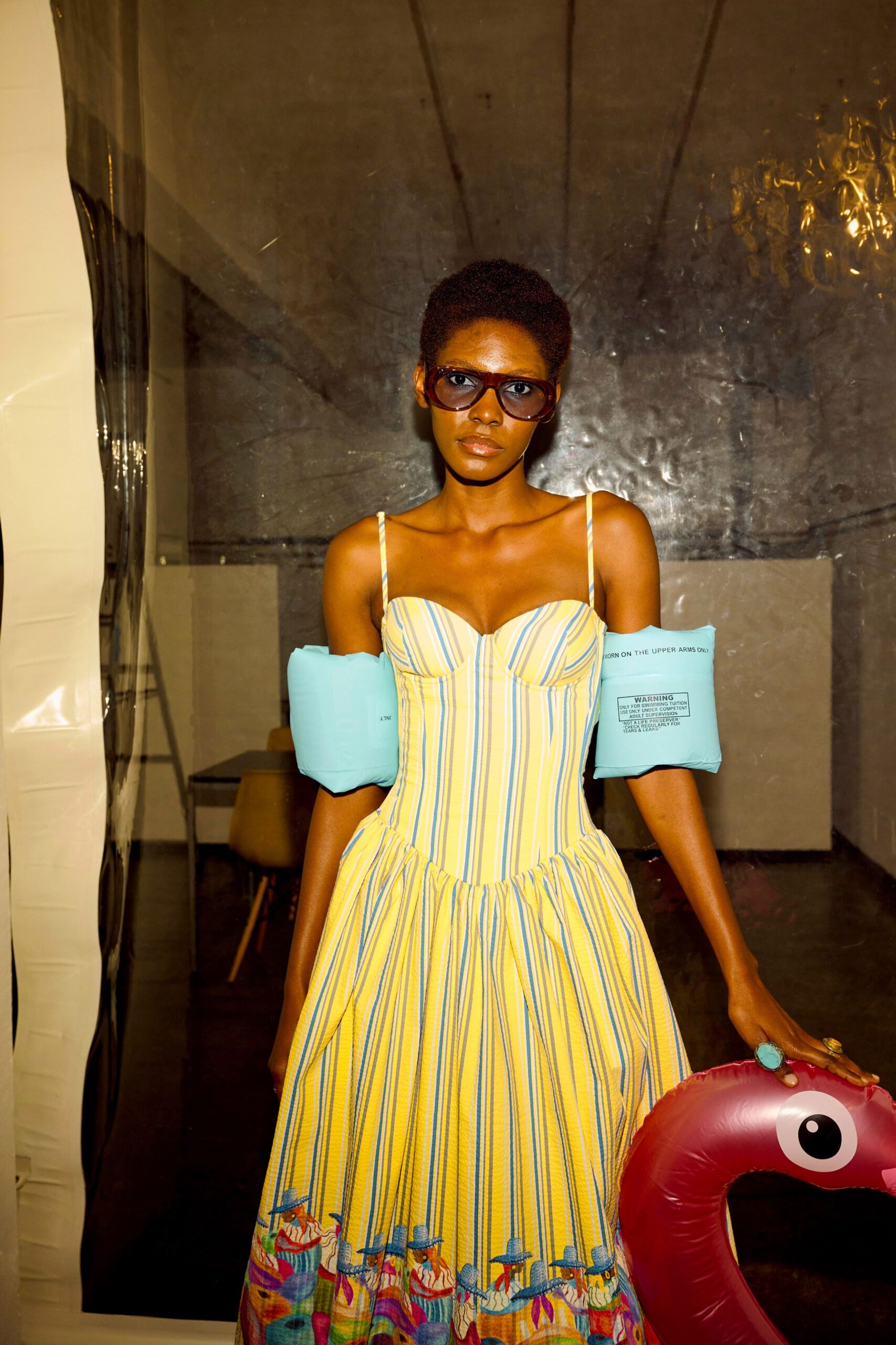 yellow striped midi dress with accessories