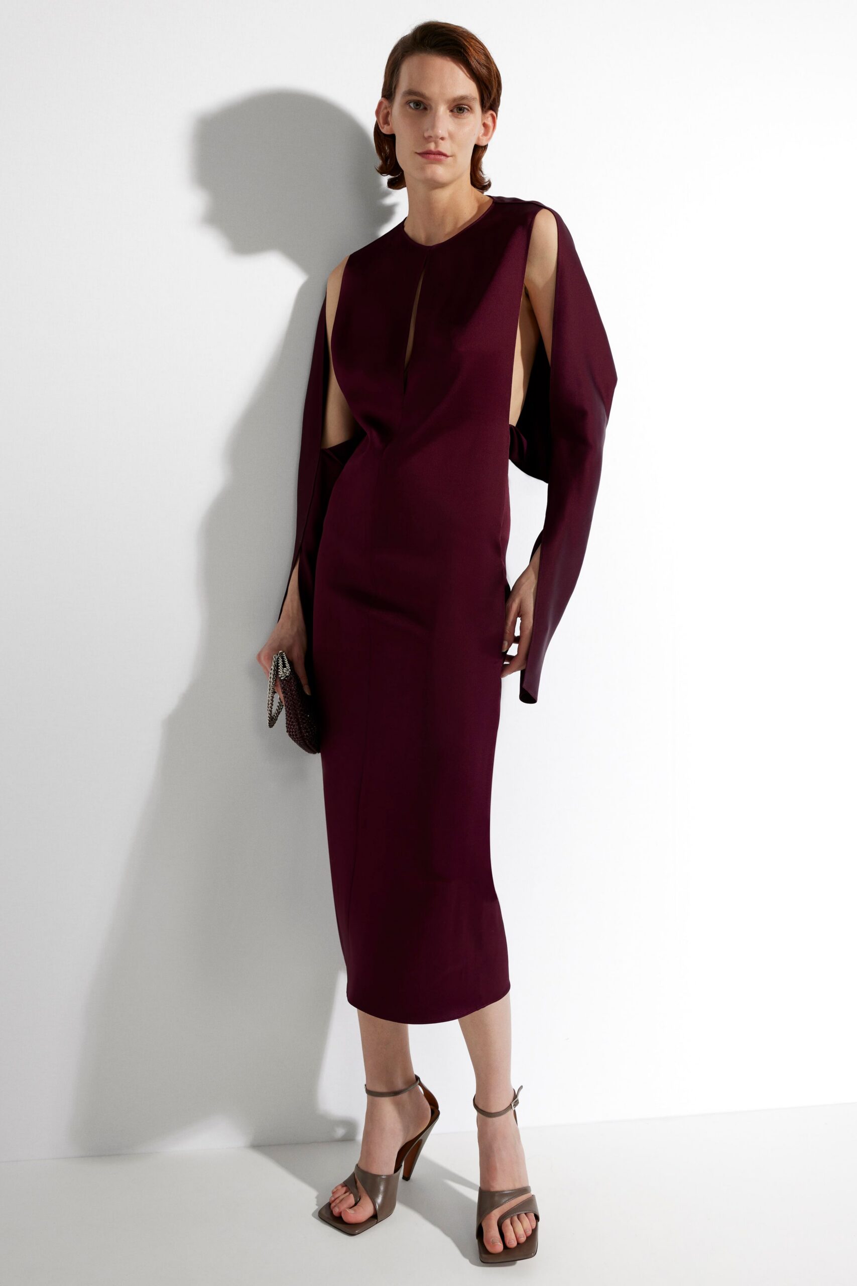 fitted purple silk midi dress