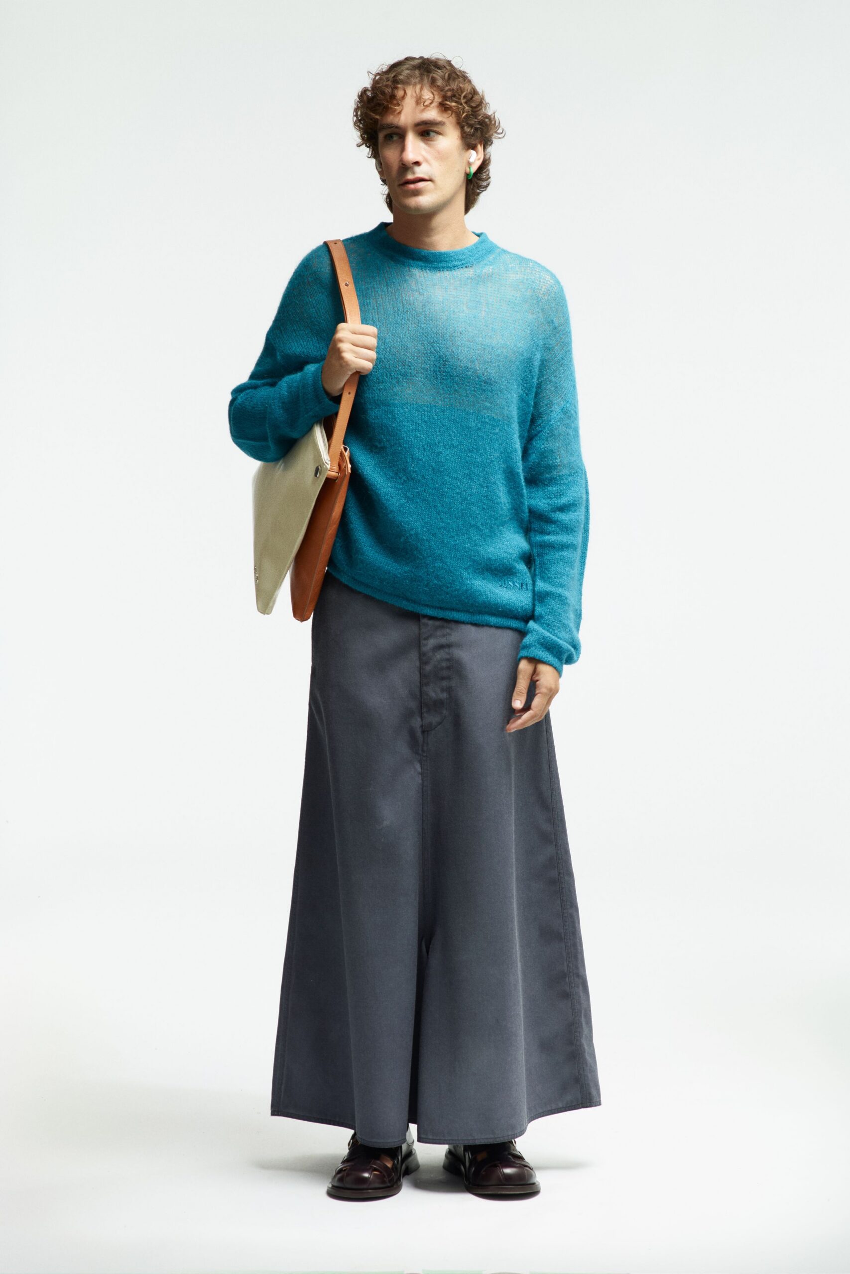 blue wool long-sleeve collared relaxed textured sheer sweater