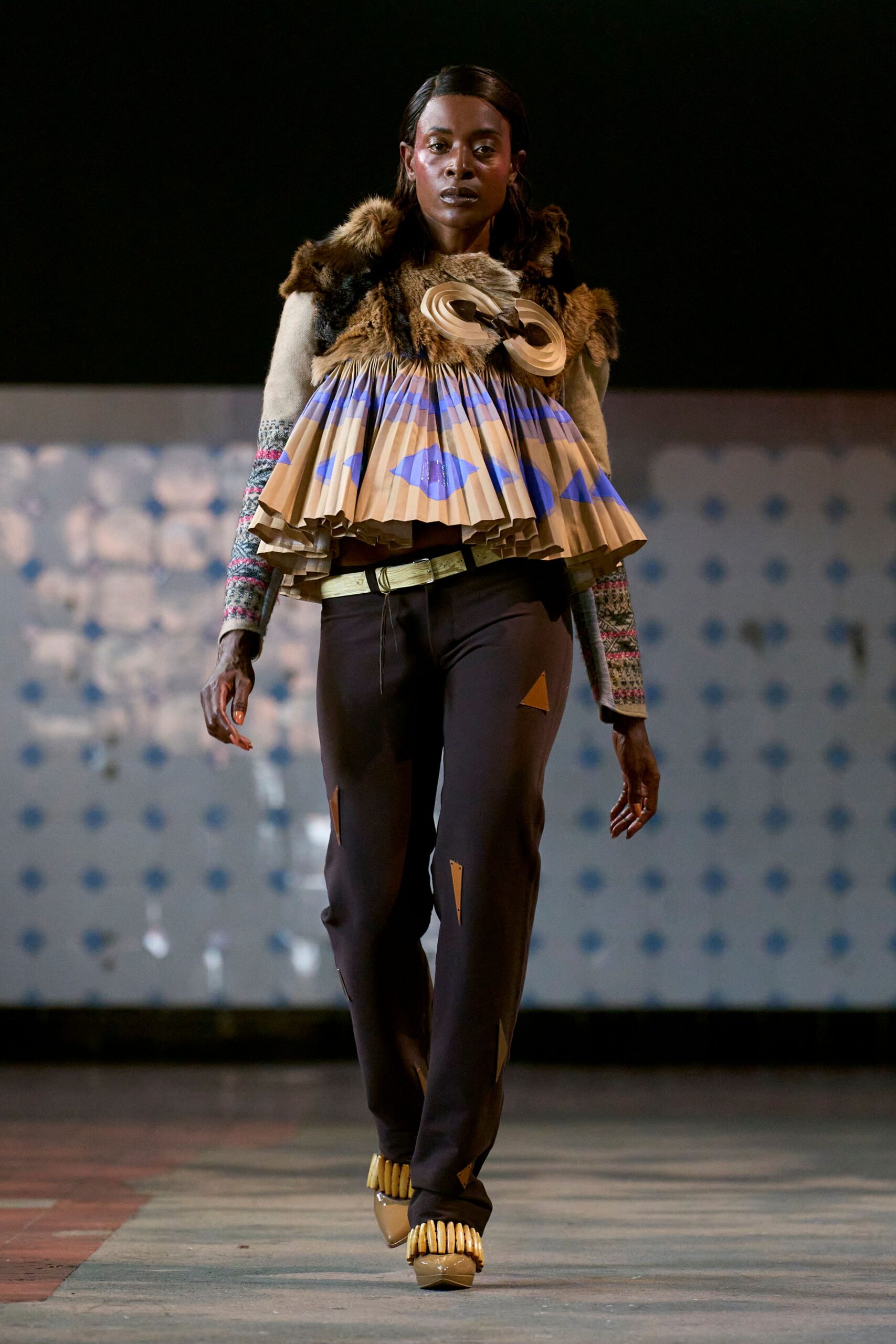 beige wool long-sleeve collared relaxed pleated layered top