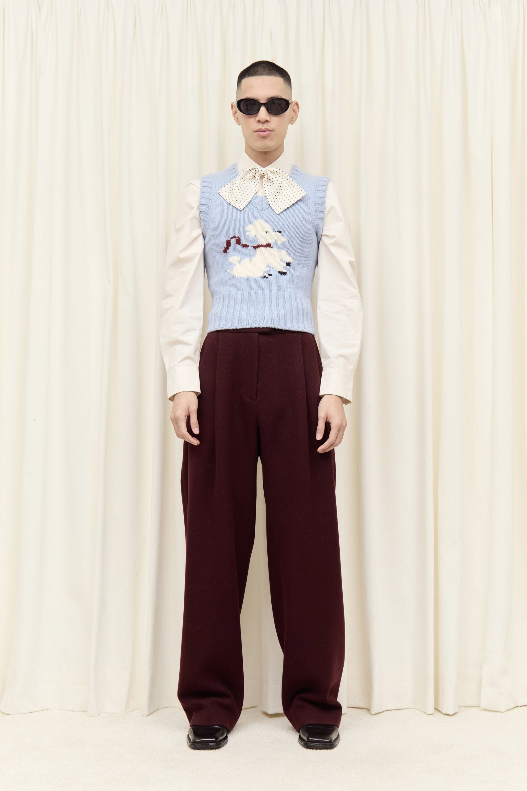 blue sweater white shirt maroon pants