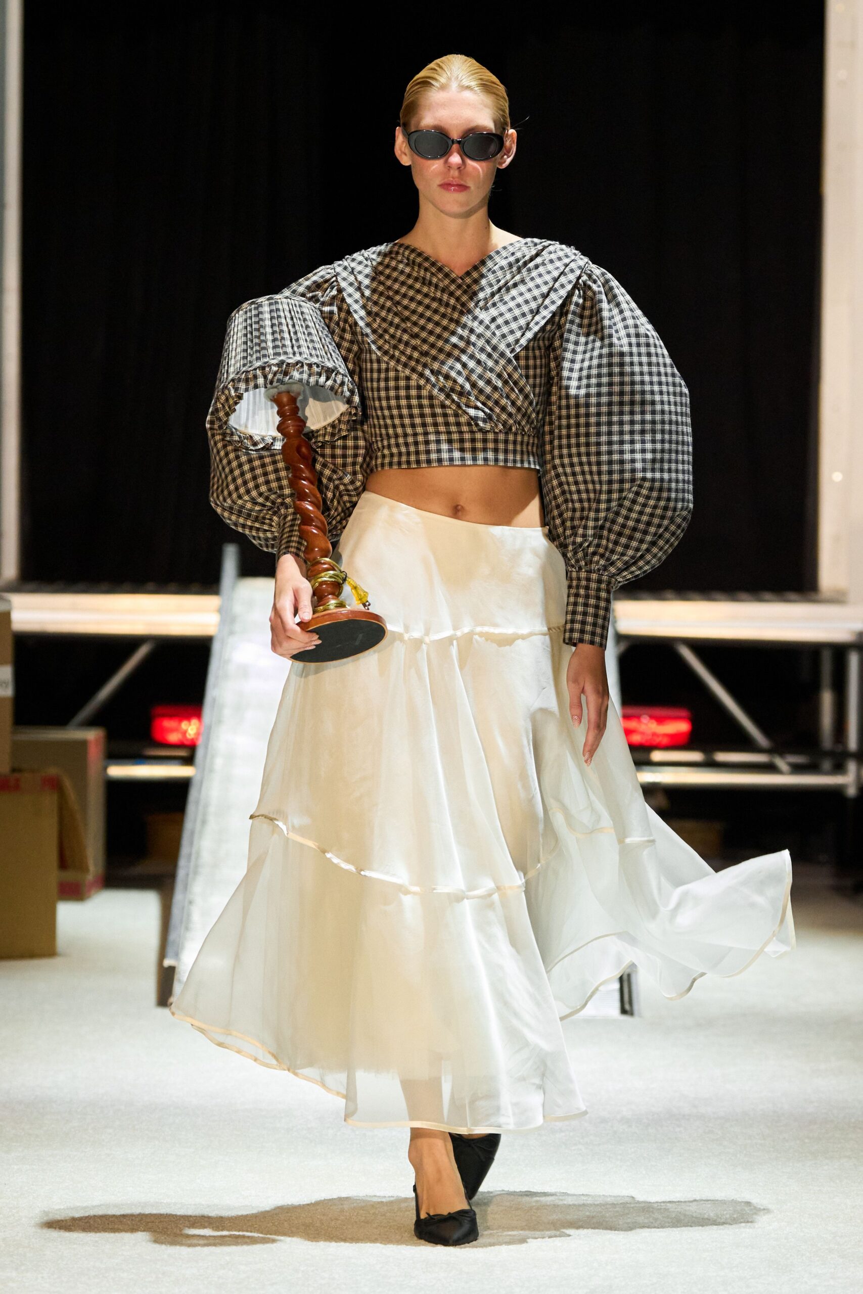 black and white checked top with flowing skirt