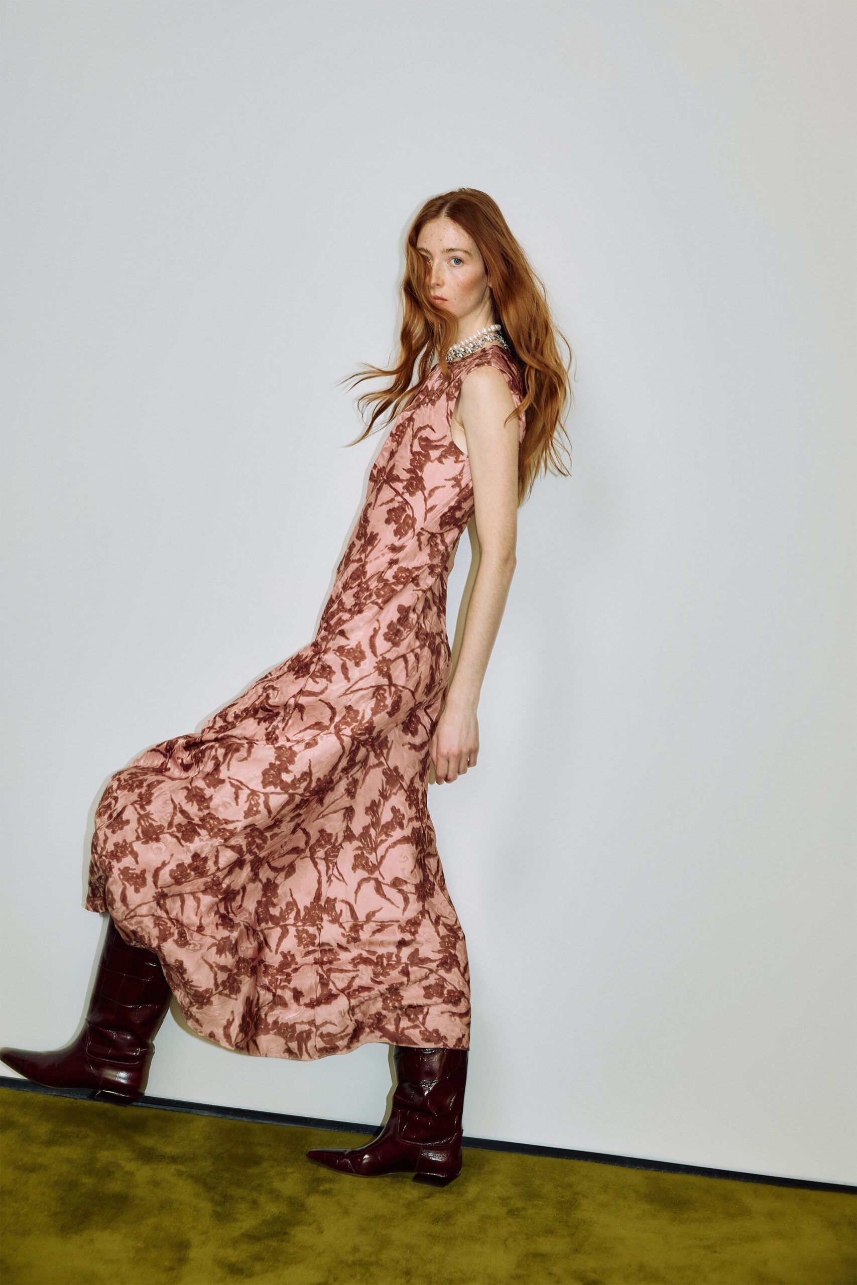 pink silk sleeveless v-neck fitted floral tiered dress