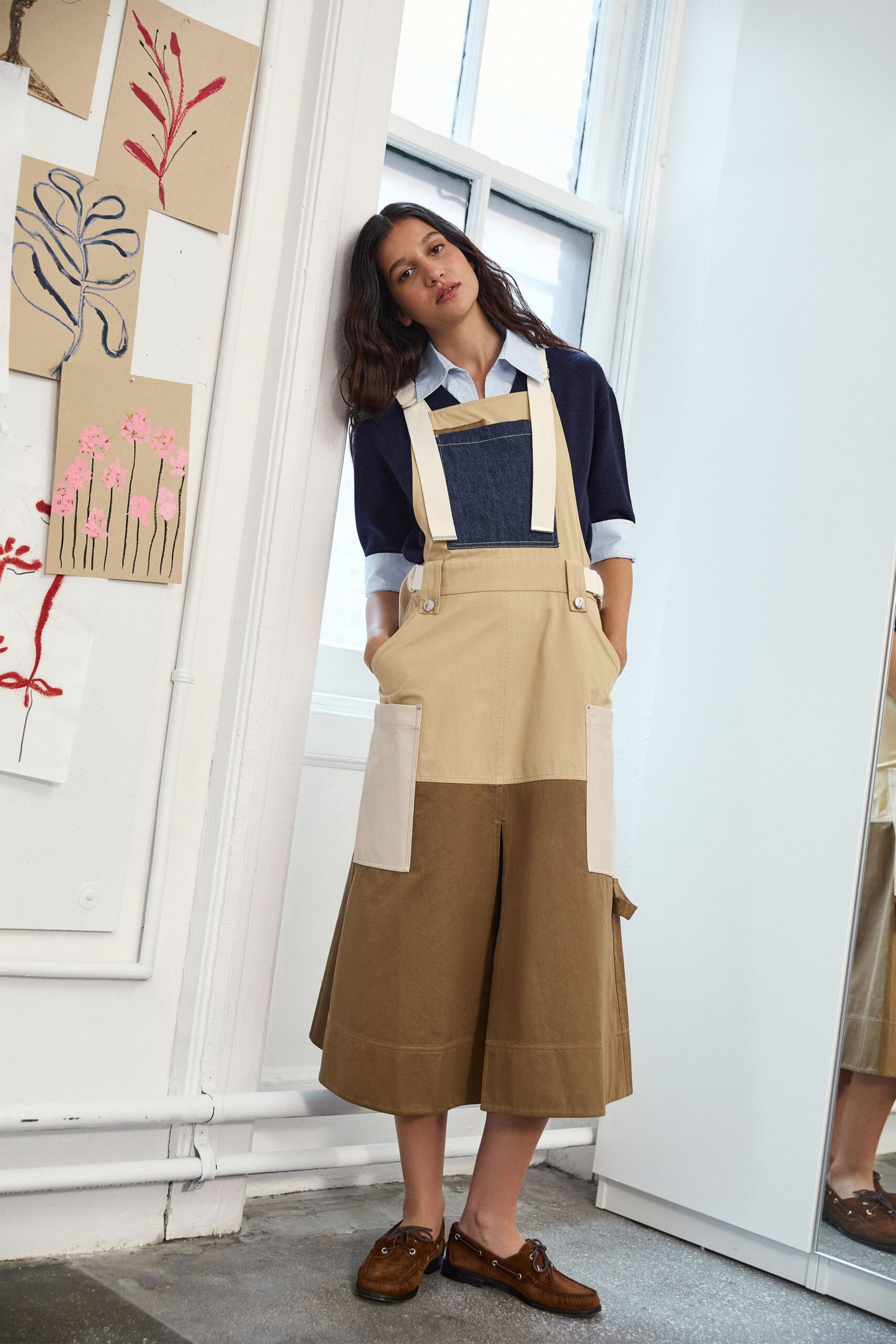 beige cotton sleeveless relaxed pockets midi overalls