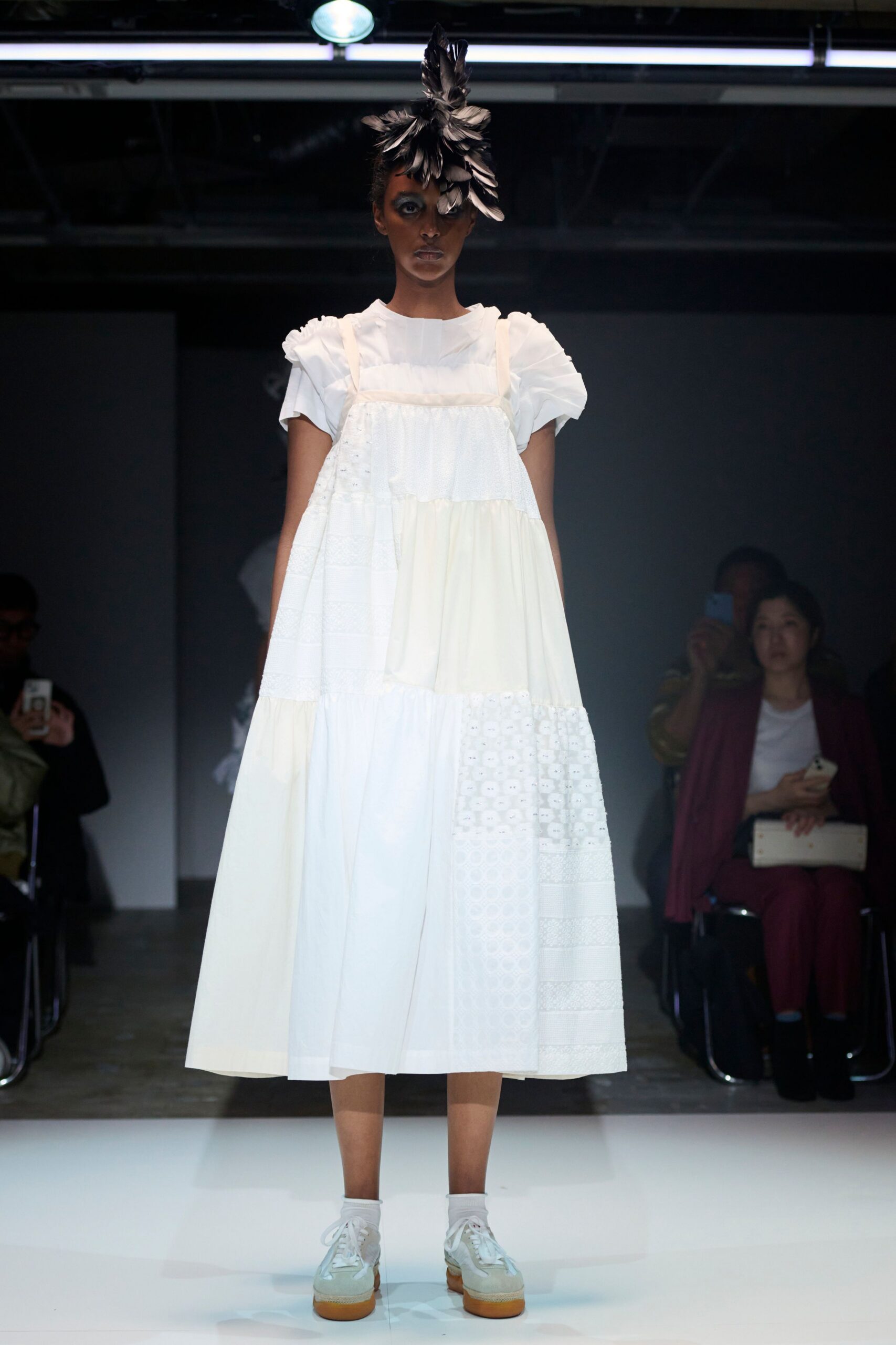 white cotton short-sleeve square-neck relaxed tiered embroidered dress