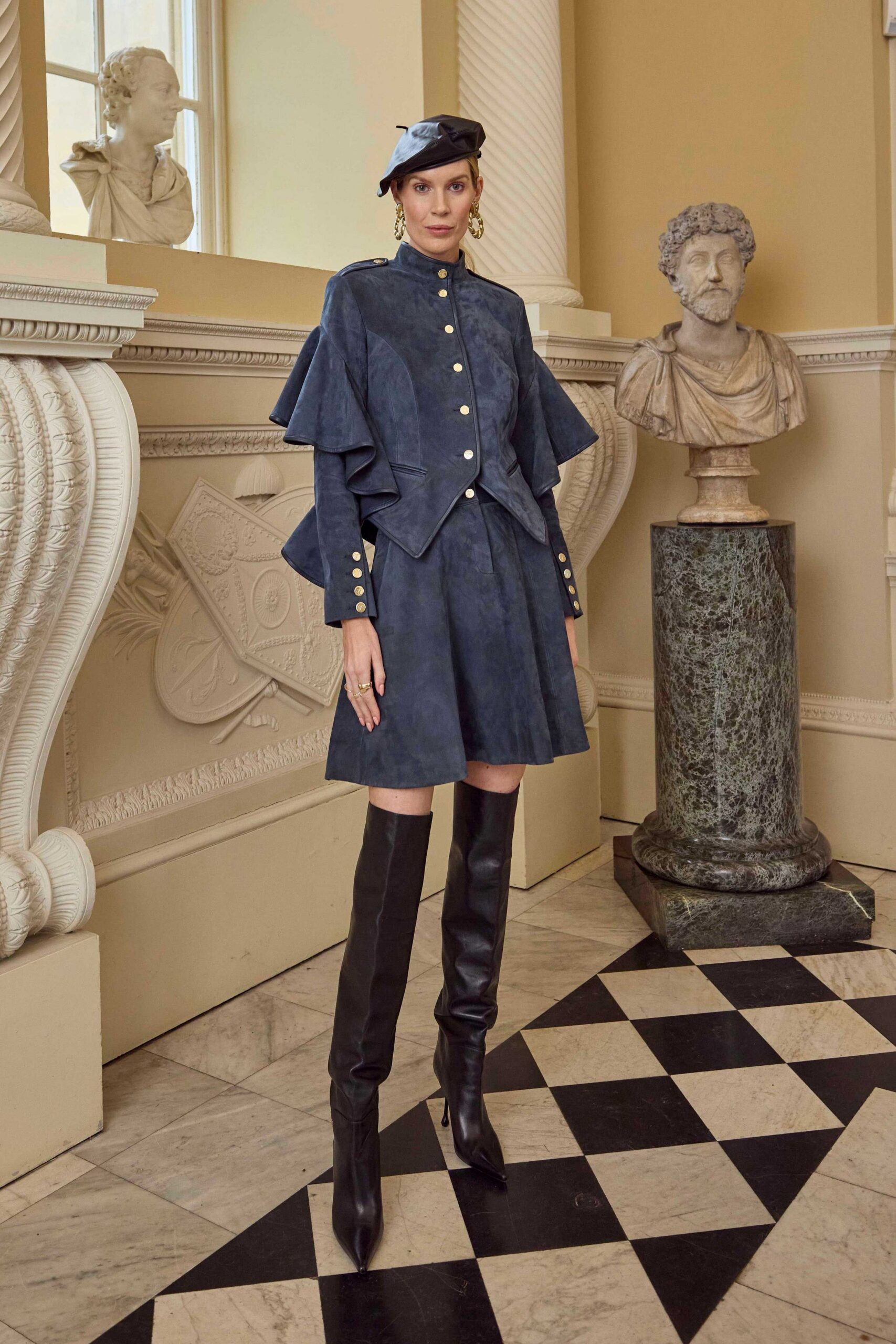 blue suede long-sleeve collared fitted pleated buttoned dress