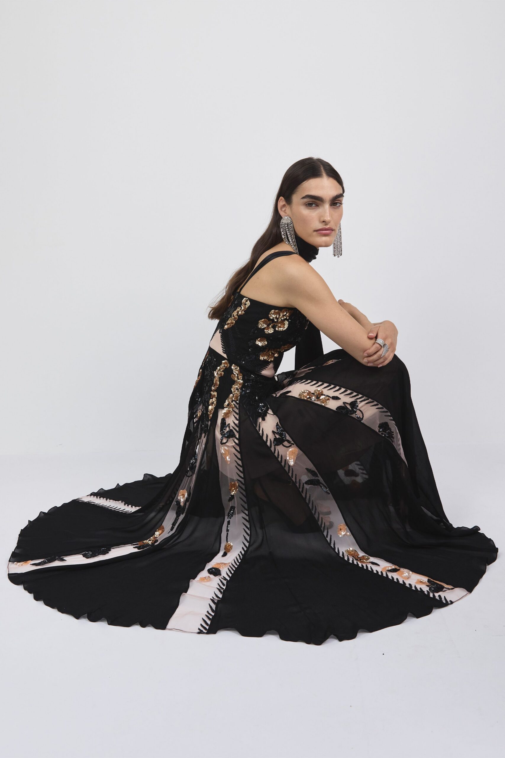 black and beige flowing gown