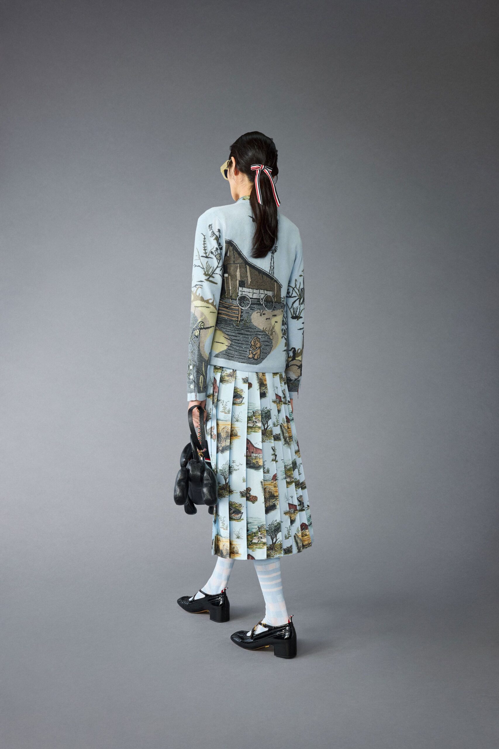 blue cotton long-sleeve collared fitted printed blouse