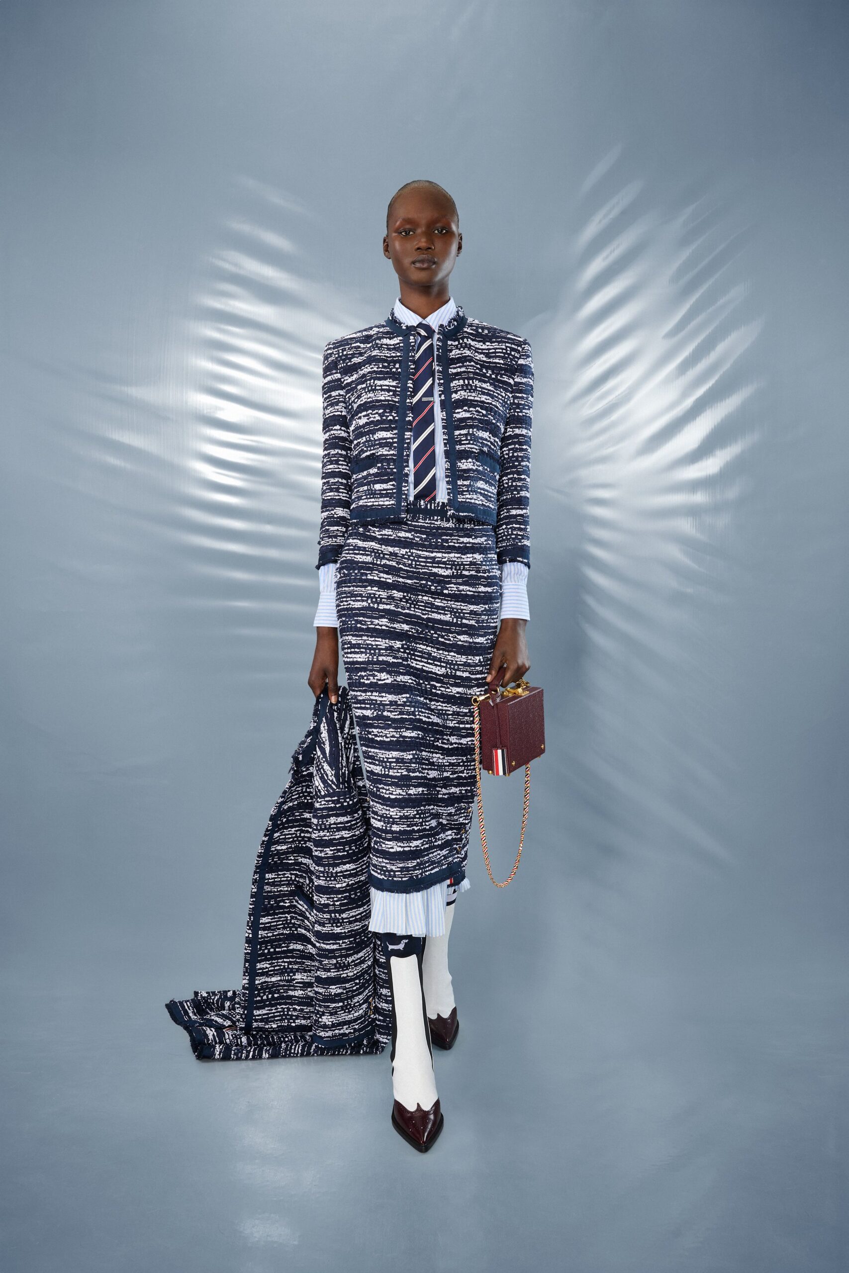 blue cotton long-sleeve collared fitted striped layered dress