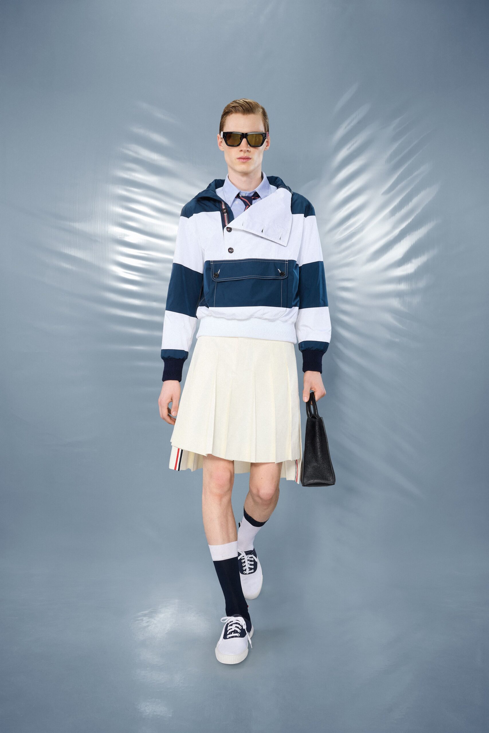 blue and white color-blocked hoodie with pleated skirt