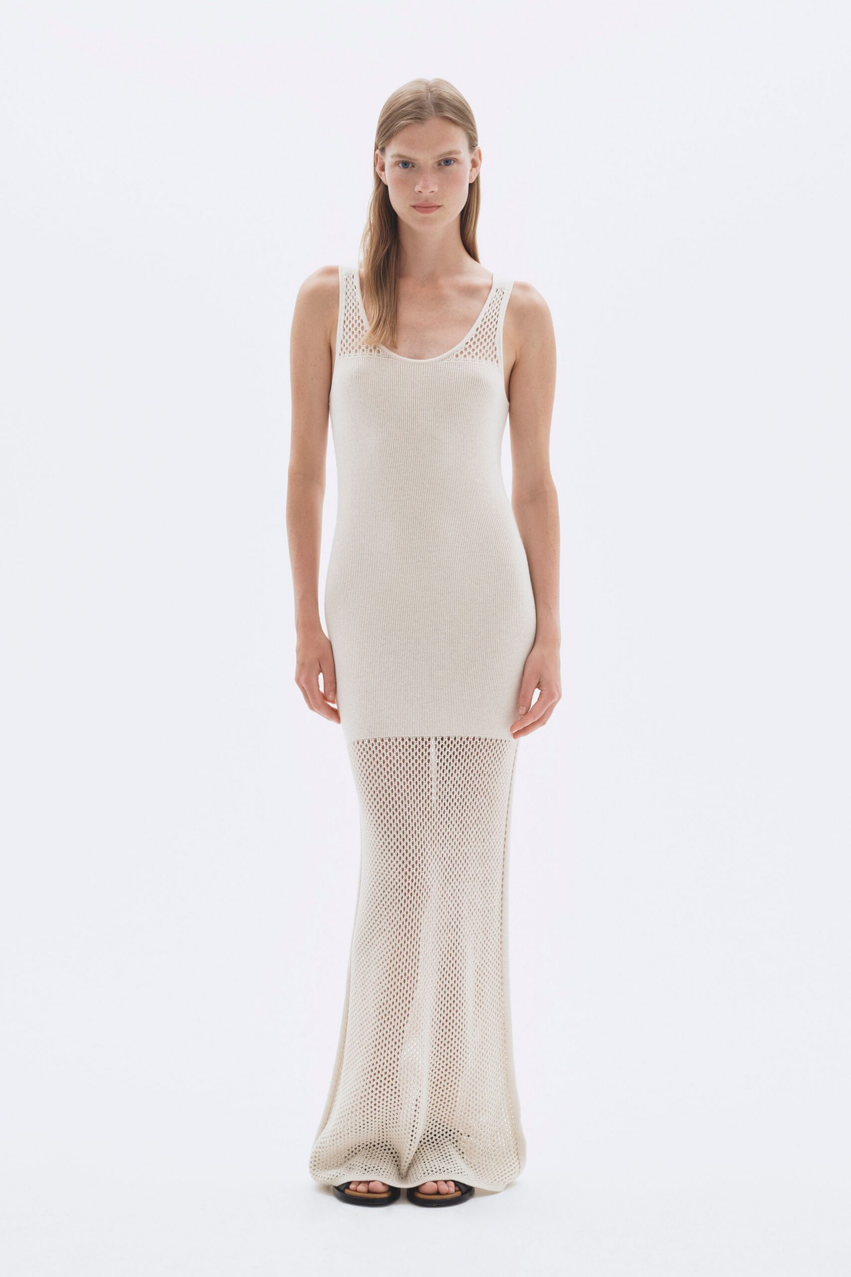 beige knit sleeveless maxi dress