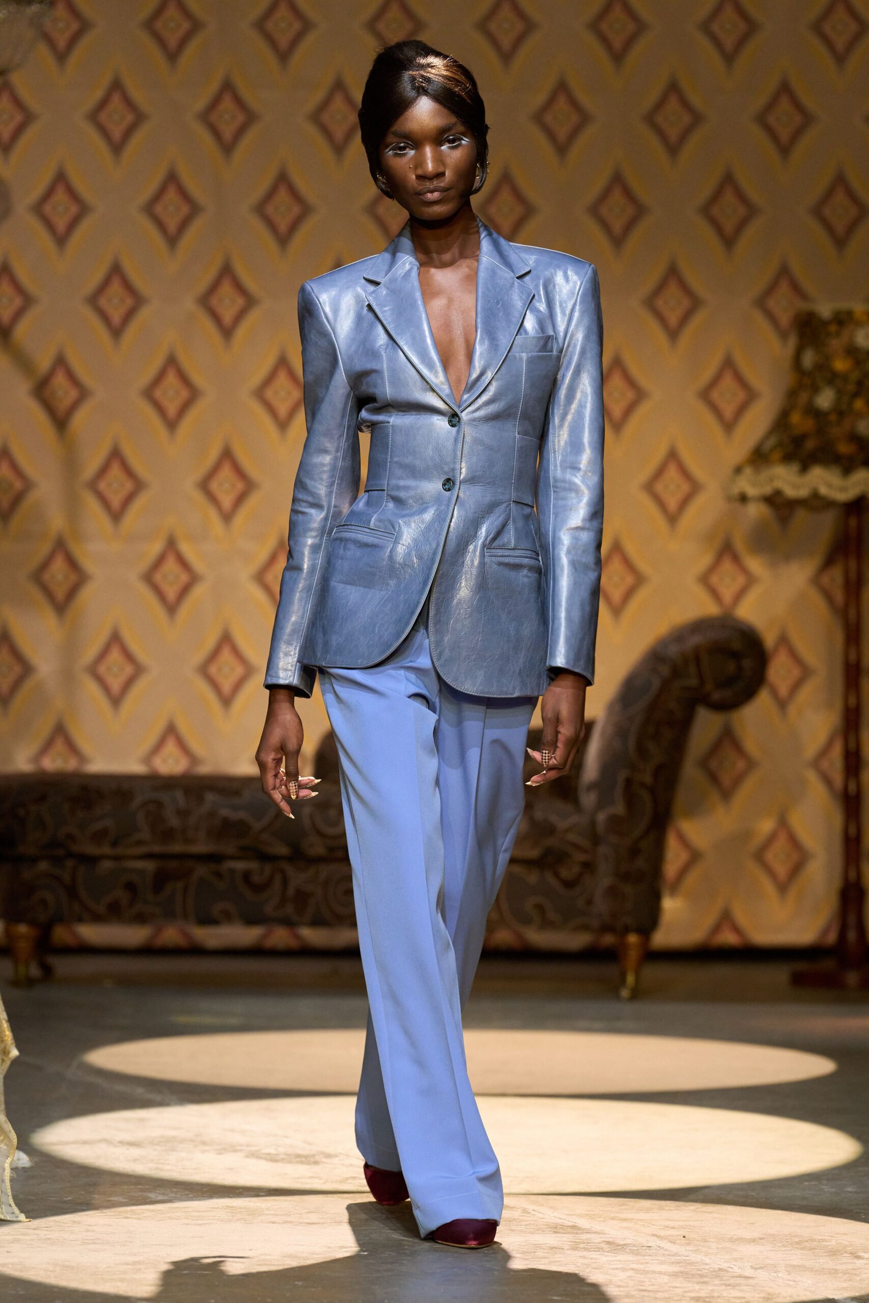 blue leather tailored blazer and slim pants
