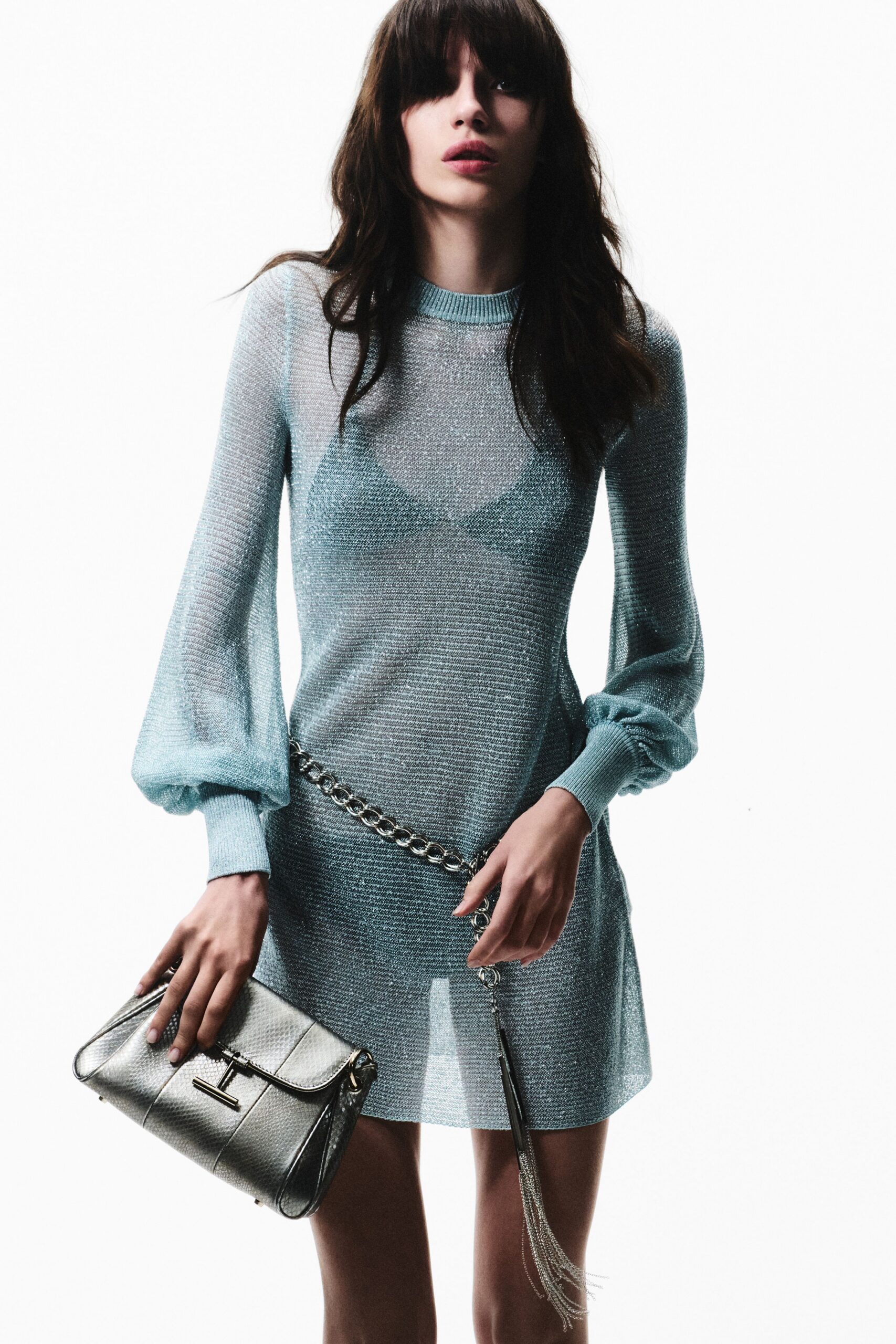 blue silk long-sleeve high-neck fitted sheer textured dress