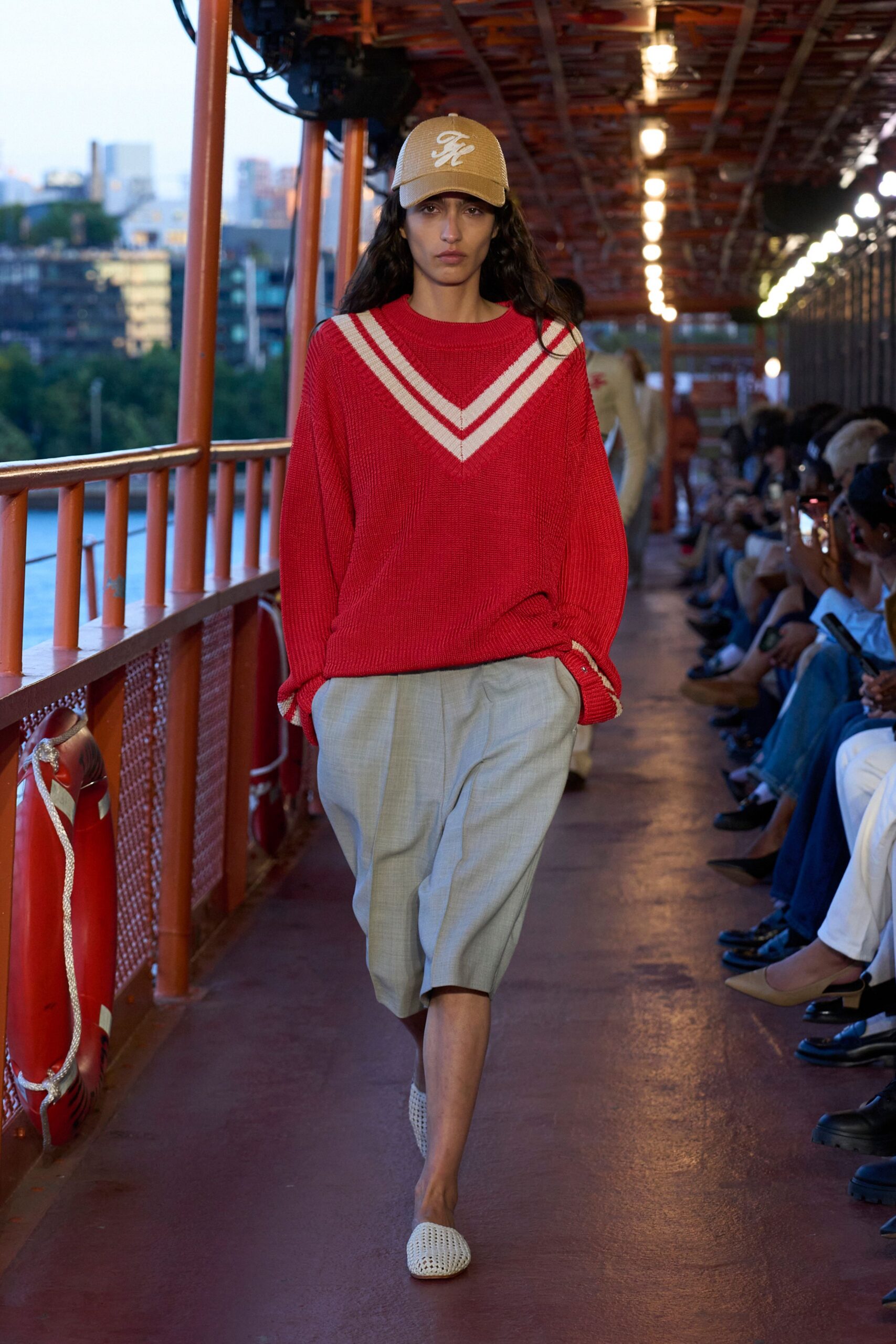 red cotton long-sleeve v-neck relaxed striped sweater