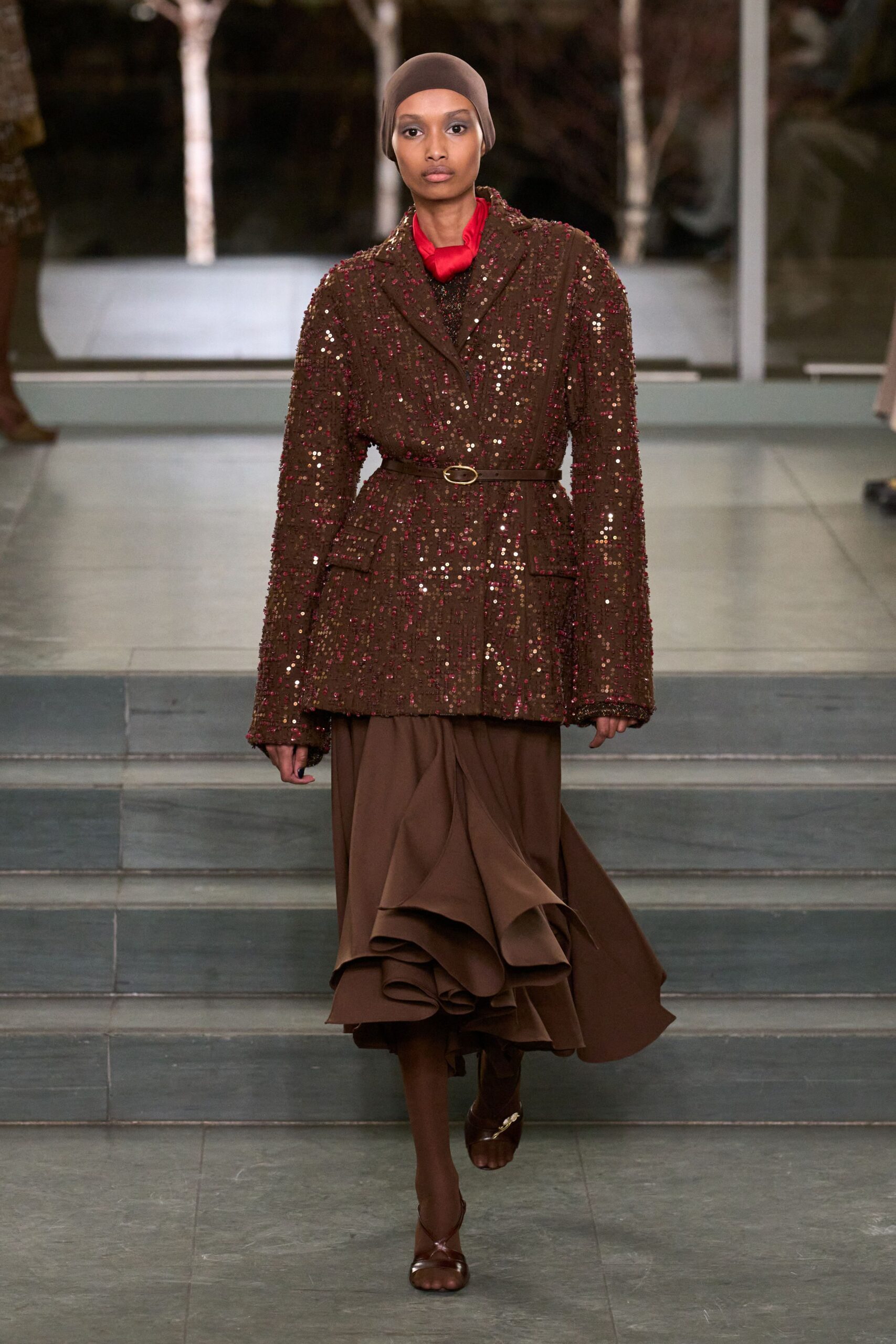 brown sequin long-sleeve collared relaxed belted layered jacket
