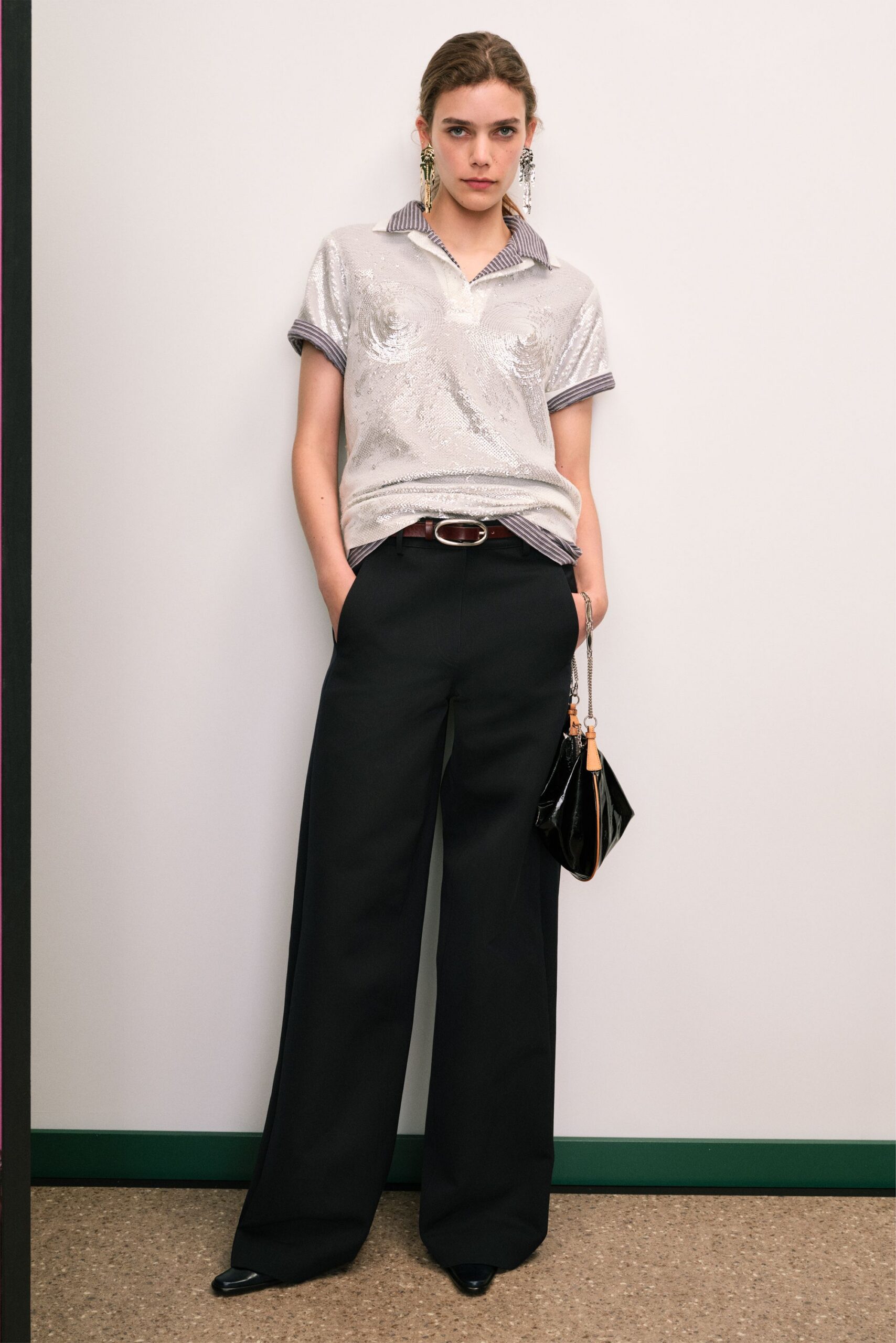 gray silk short-sleeve collared relaxed embellished shiny top