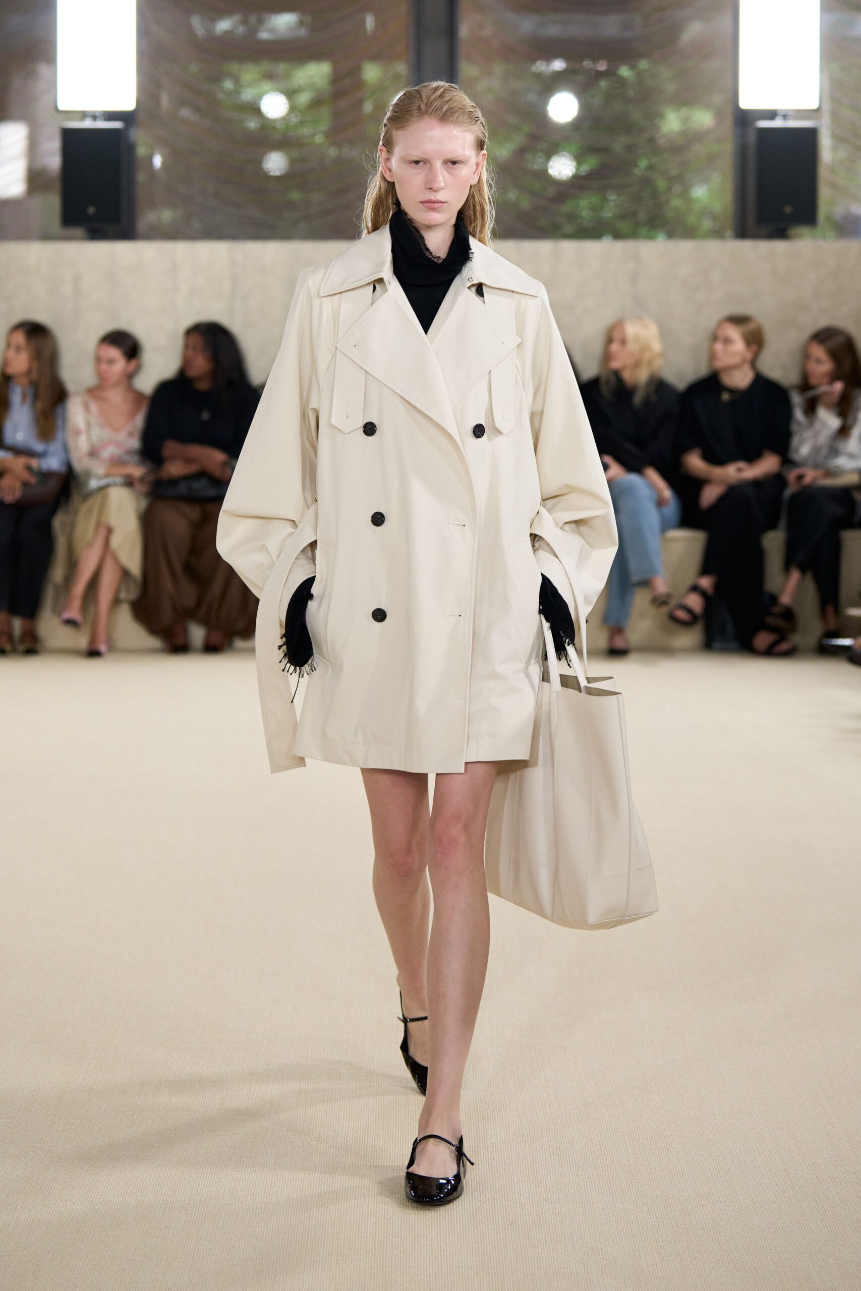 white vinyl long-sleeve collared oversized coat