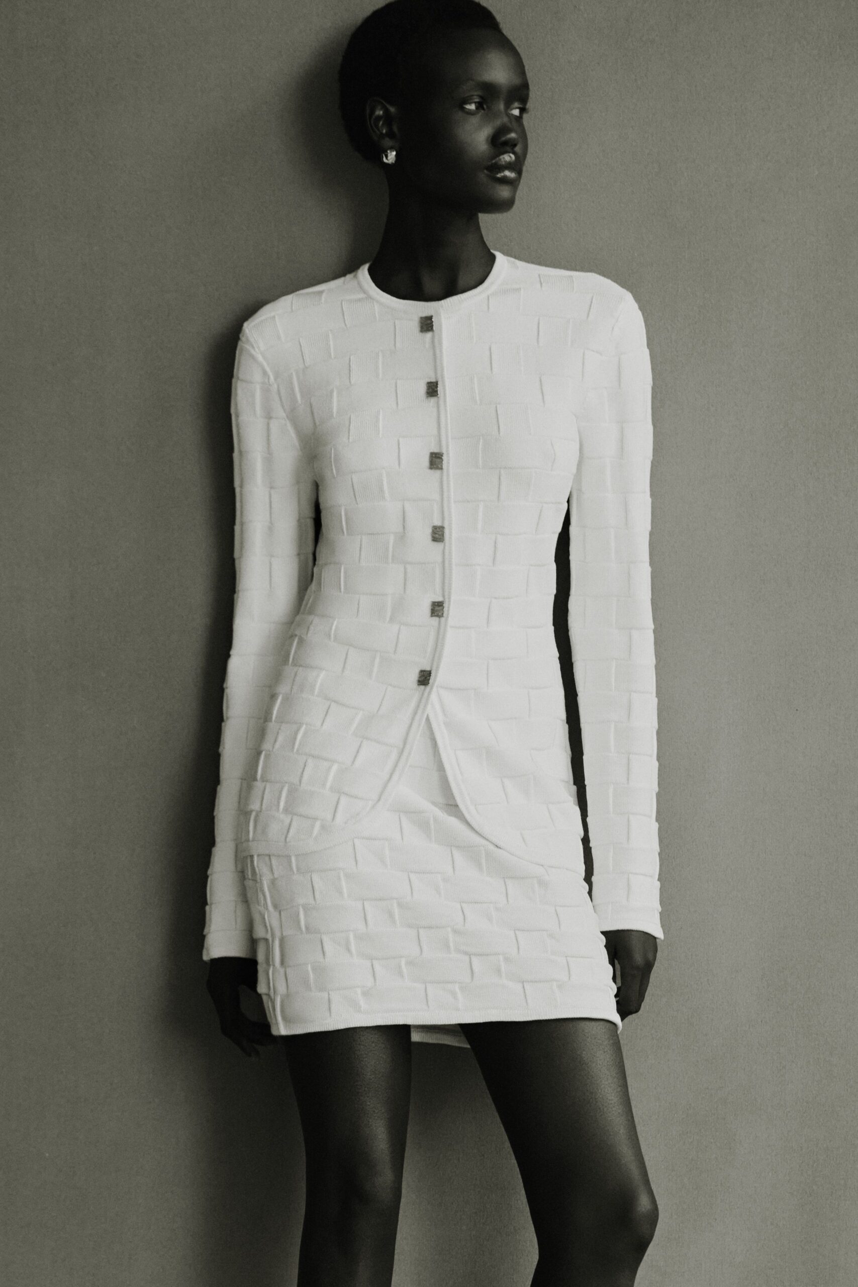 fitted white textured mini dress