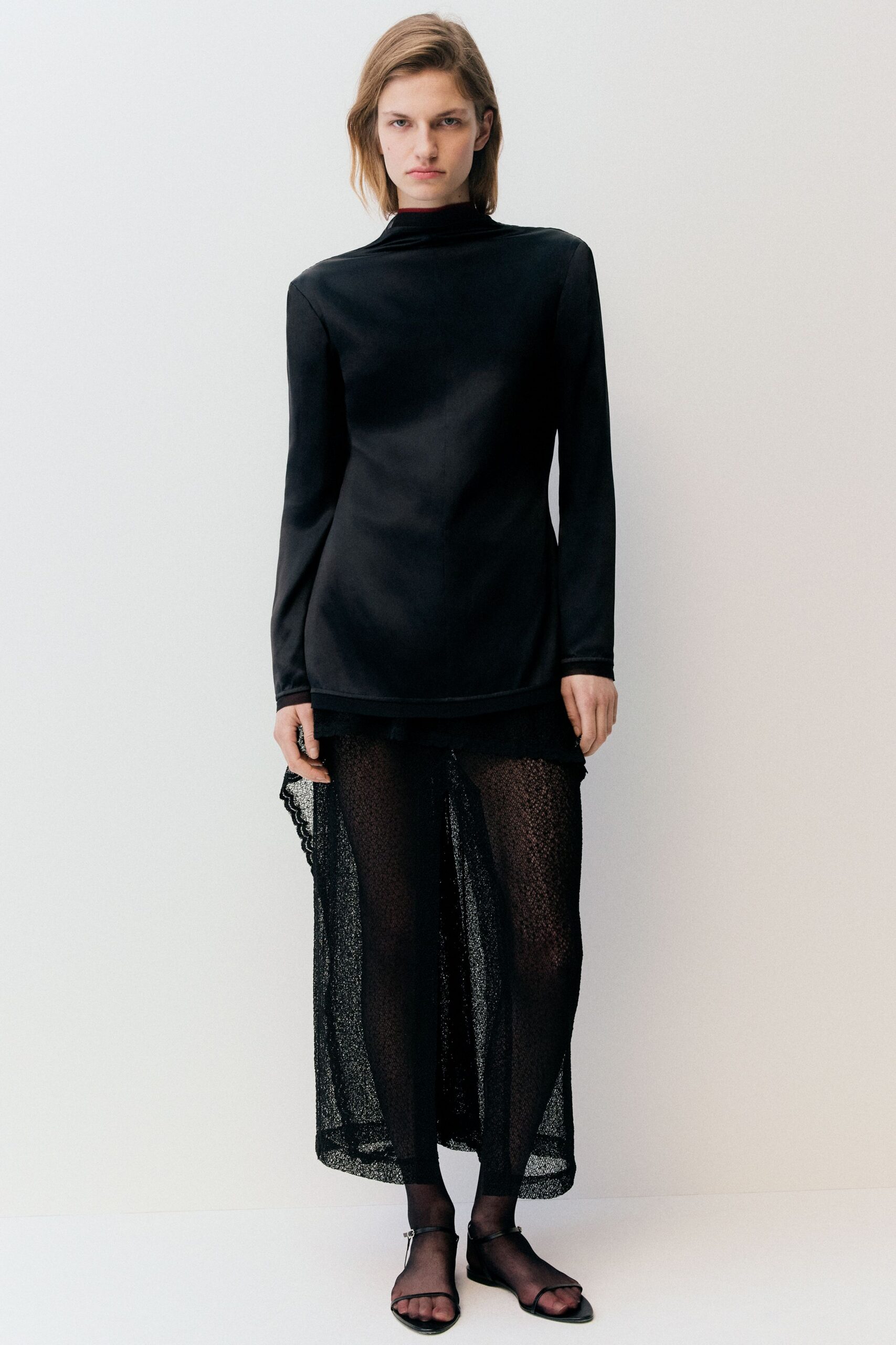 black mesh asymmetric fitted sheer skirt
