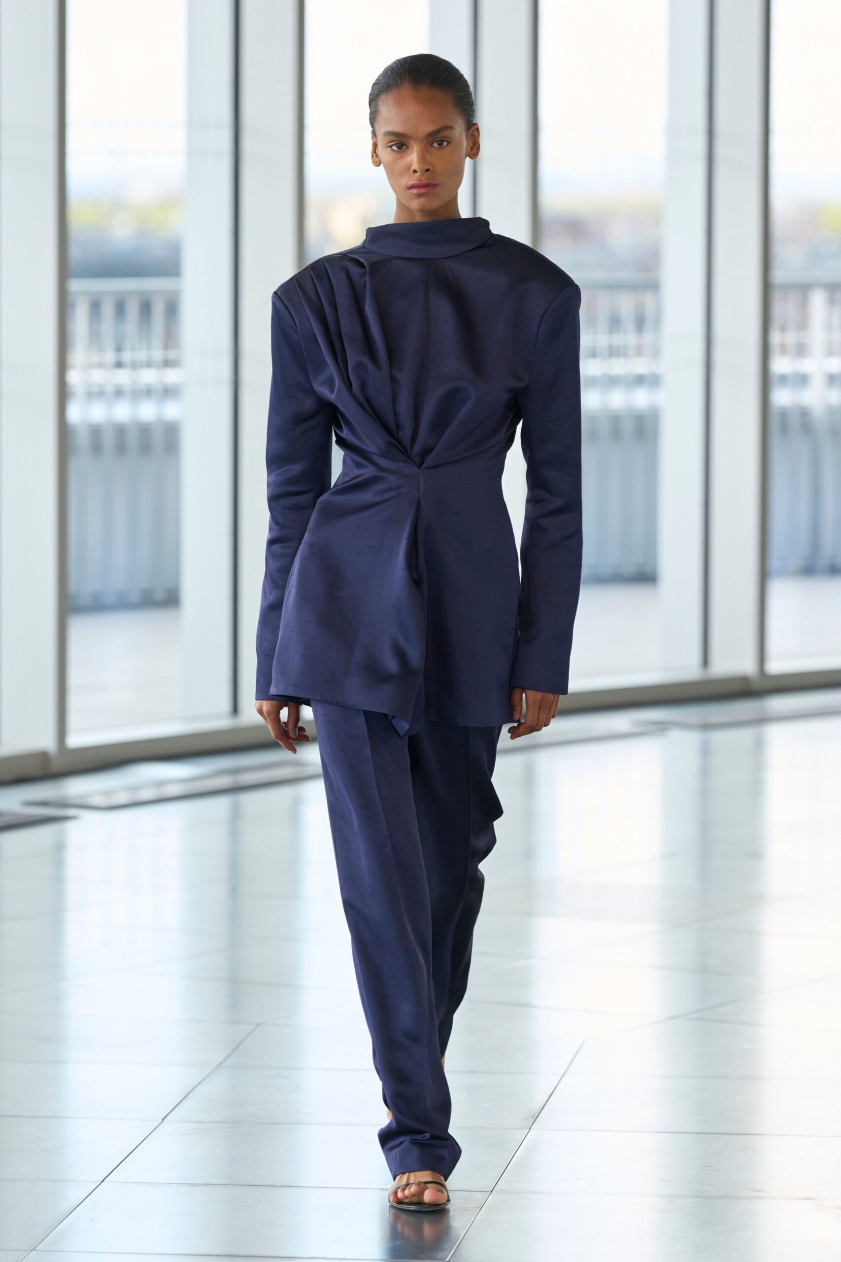 blue silk long-sleeve high-neck fitted draped blazer