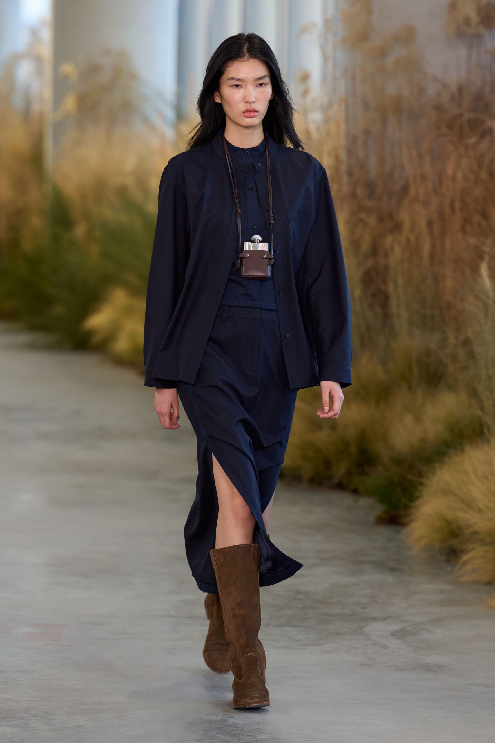blue silk long-sleeve collared fitted layered midi dress