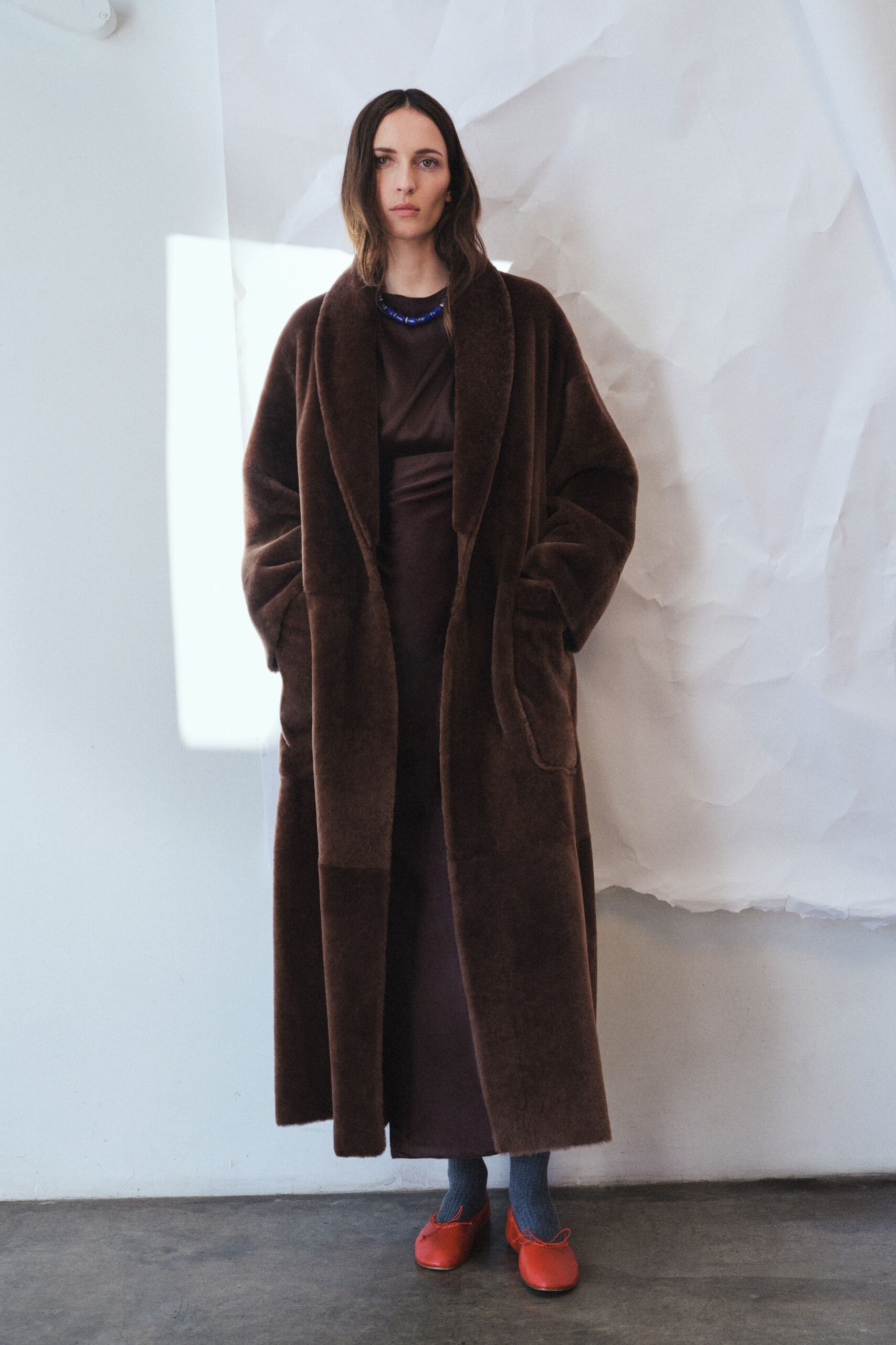brown faux-fur long-sleeve oversized pockets maxi coat