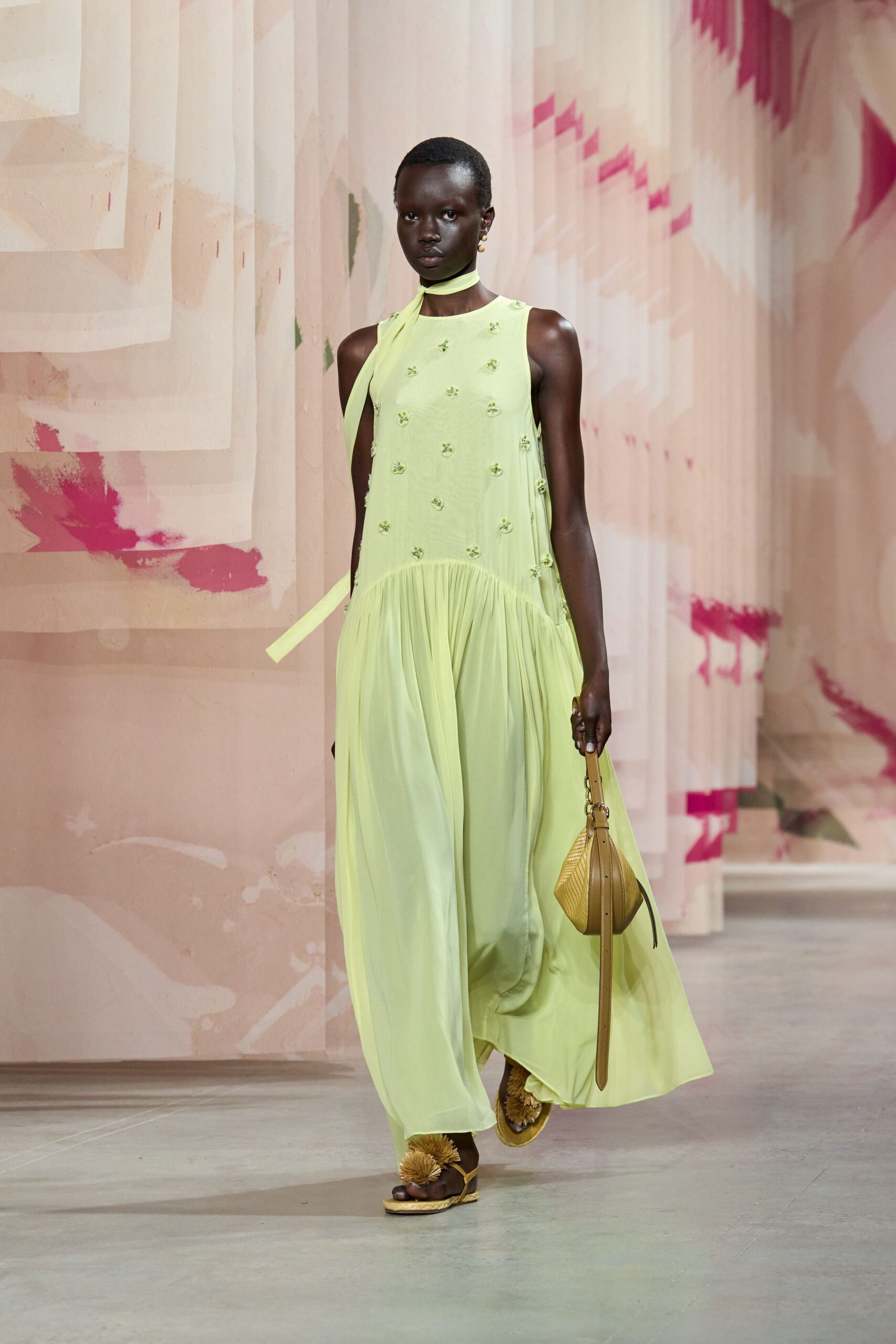 yellow silk sleeveless high-neck relaxed pleated draped dress