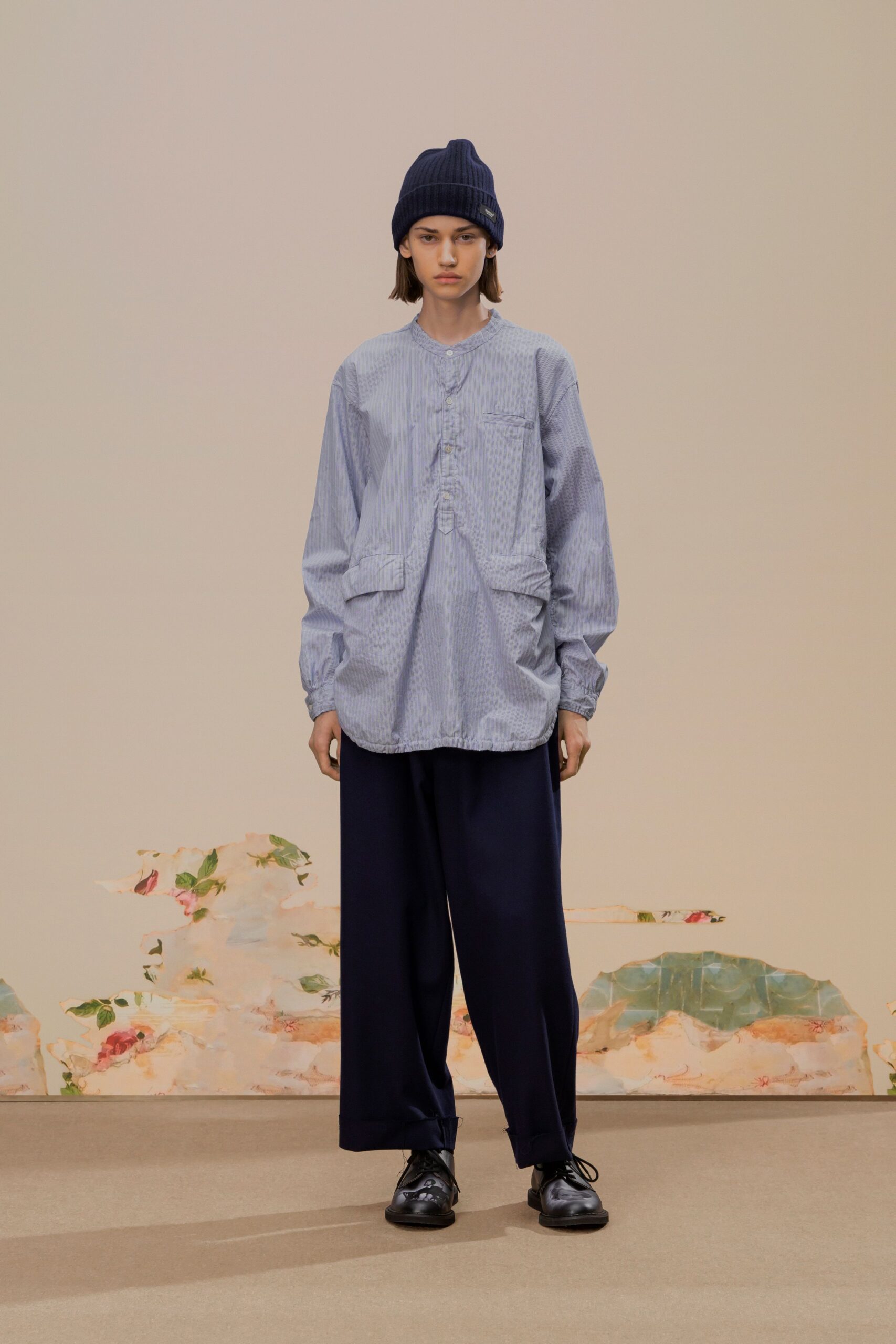 blue striped shirt with navy pants