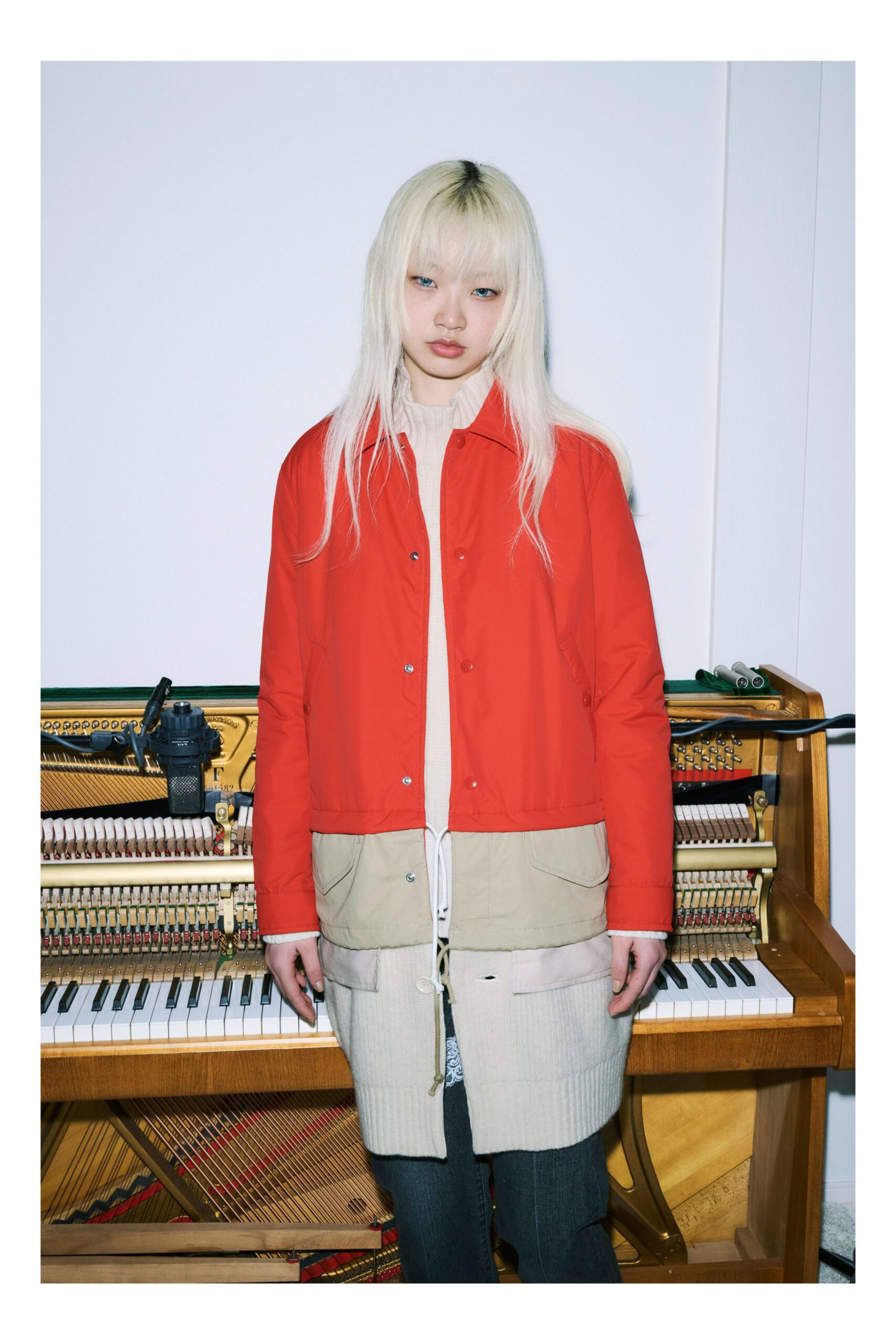 red cotton long-sleeve collared relaxed zippered pockets jacket