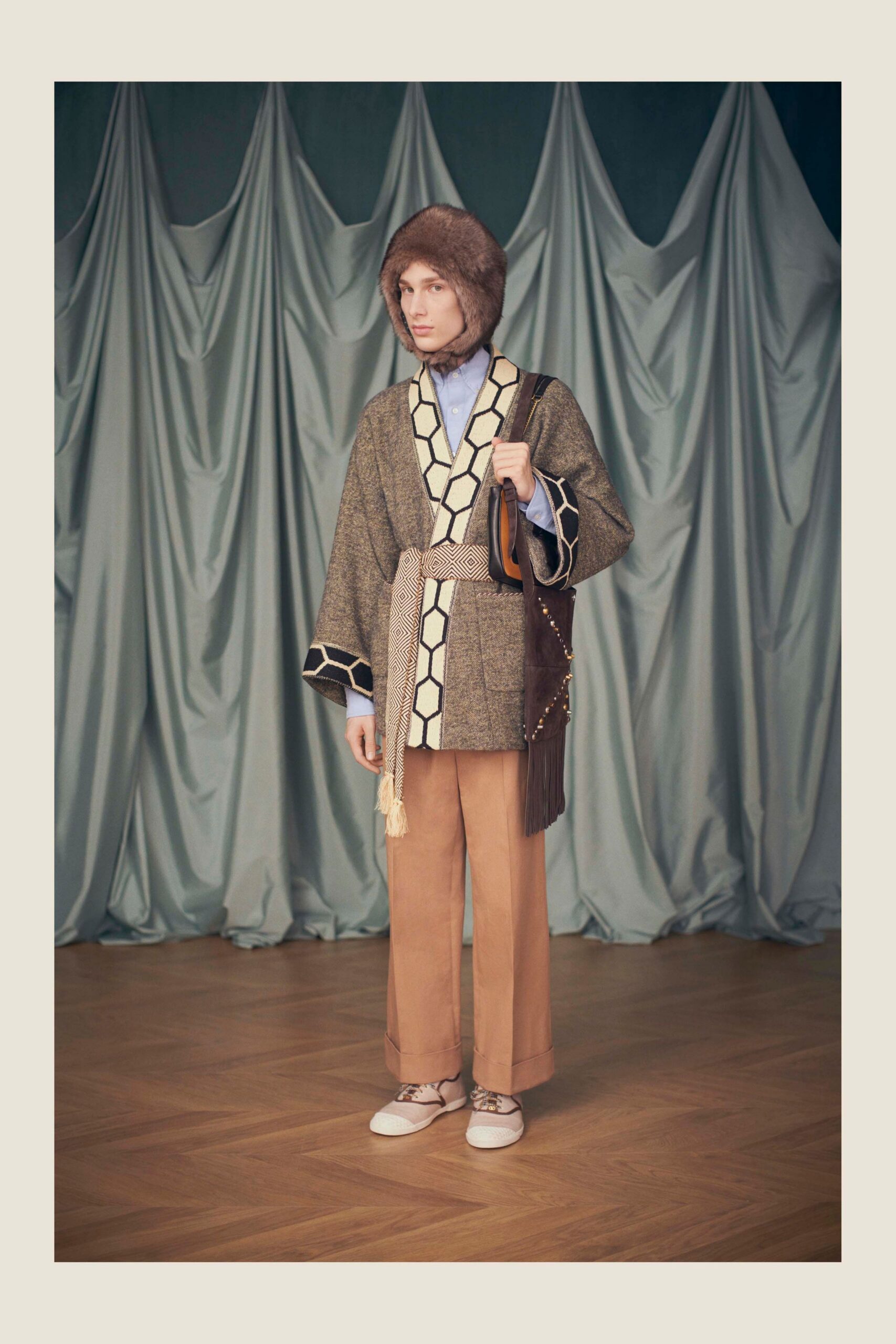 brown wool long-sleeve collared relaxed layered belted jacket