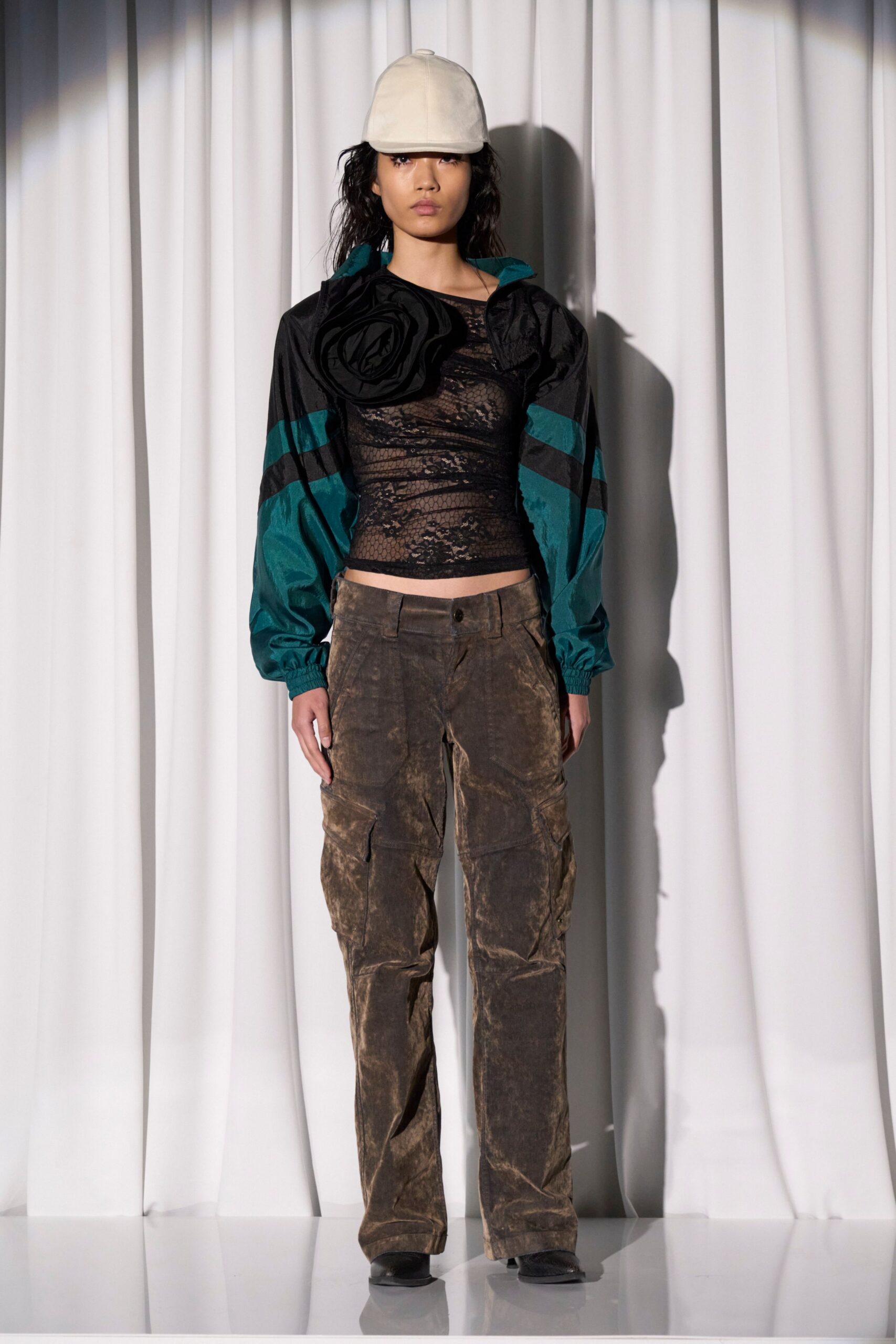 black teal color-blocked jacket with lace top
