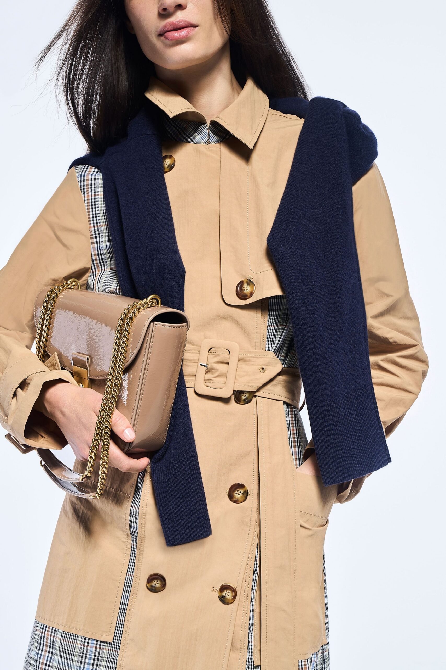 beige cotton long-sleeve collared fitted belted pockets trench