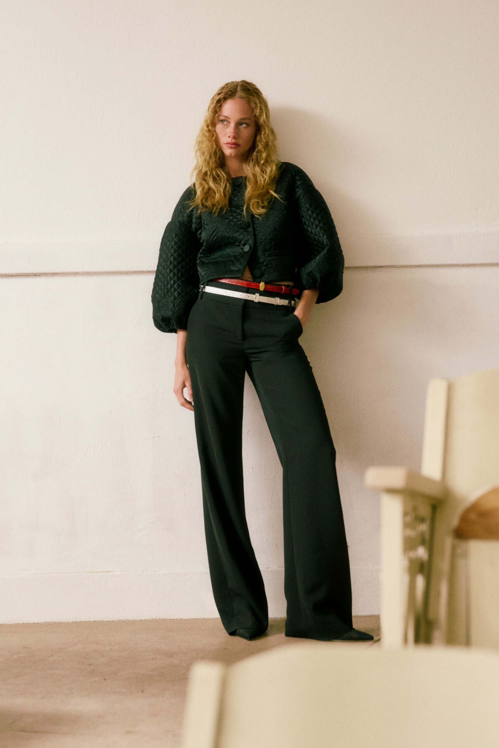 black cotton long-sleeve collared relaxed pleated blouse