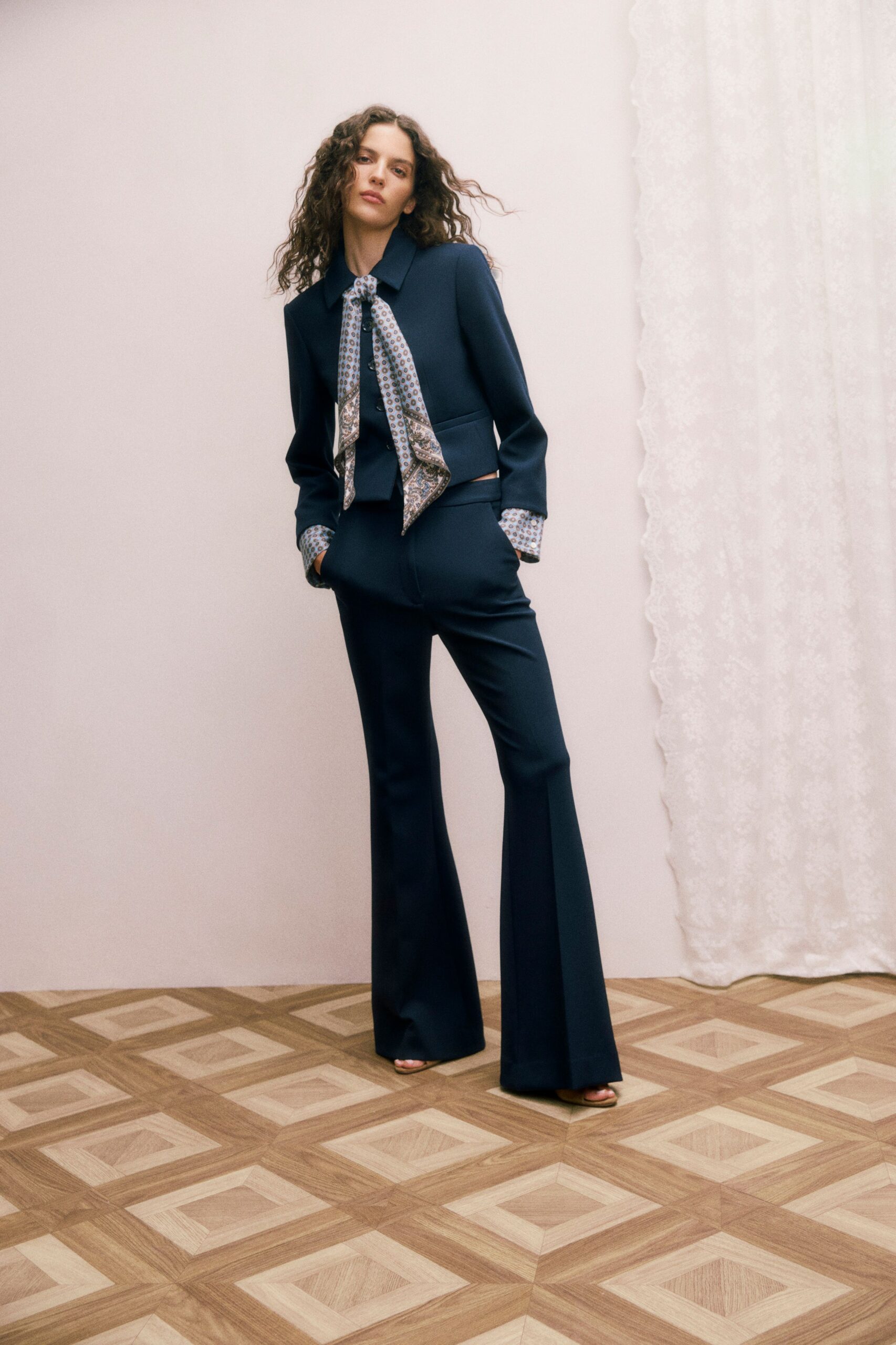 blue tailored blazer with flared pants