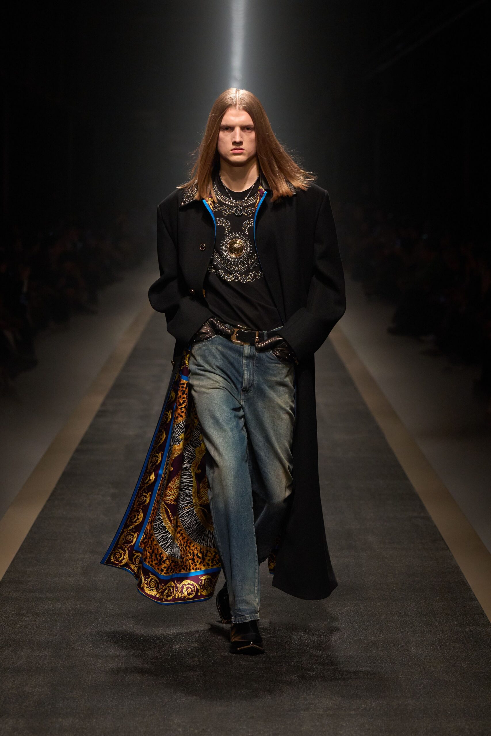 black coat with embellished shirt